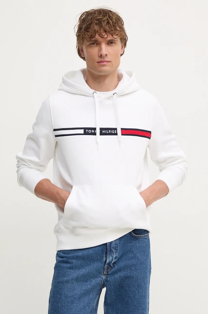 Levně Mikina Tommy Hilfiger pánská, bílá barva, s kapucí, s aplikací, MW0MW37361