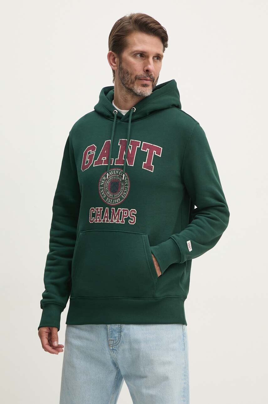 Gant bluza barbati, culoarea verde, cu gluga, cu imprimeu, 2015068