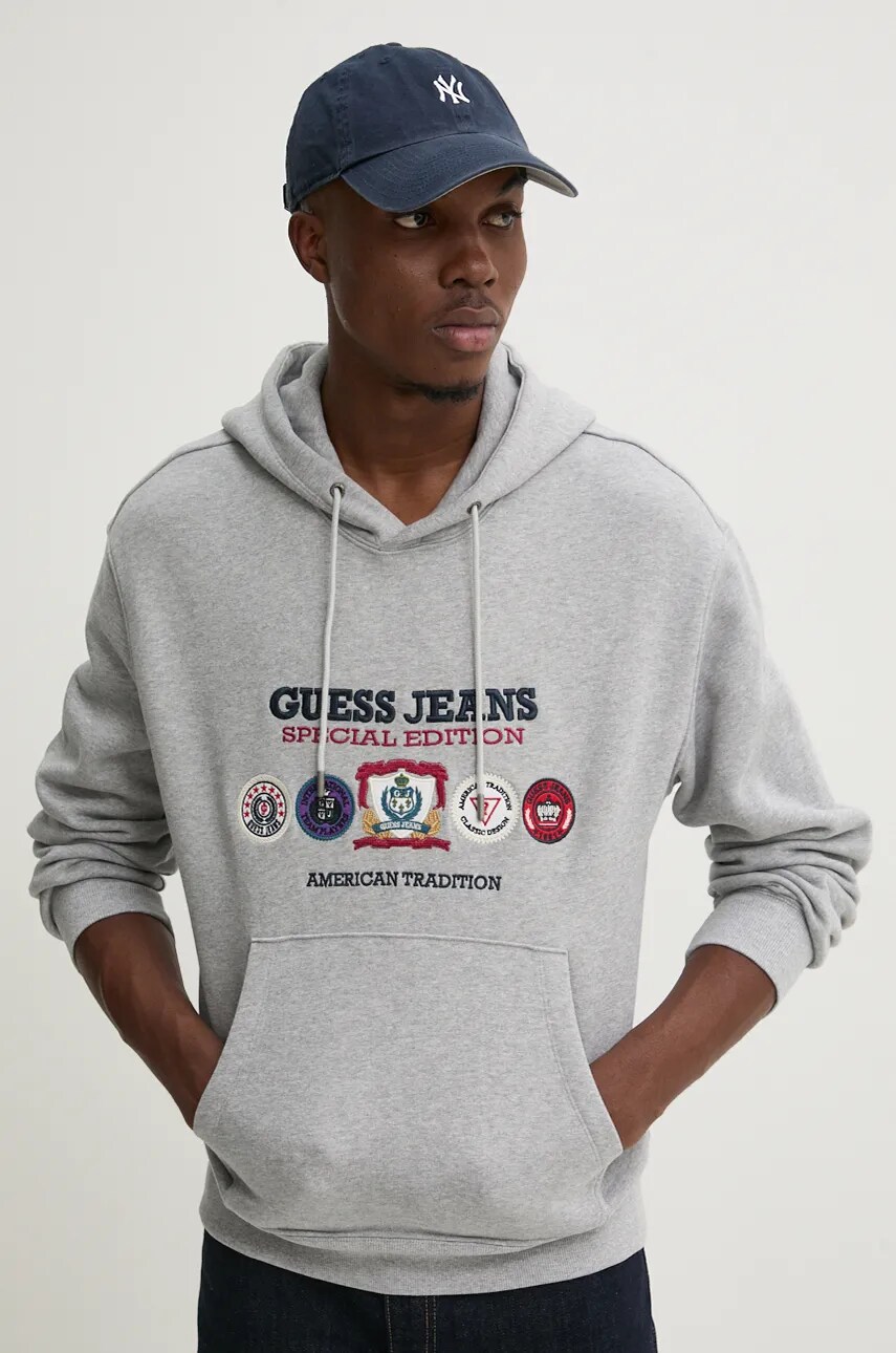 Levně Mikina Guess Jeans pánská, šedá barva, s kapucí, s aplikací, M4BQ32 K9V31