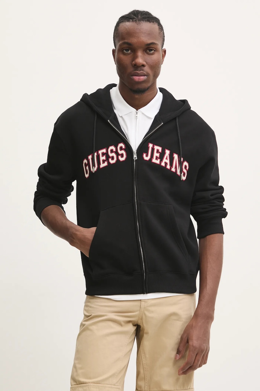 Levně Mikina Guess Jeans pánská, černá barva, s kapucí, s aplikací, M4BQ35 K9V31
