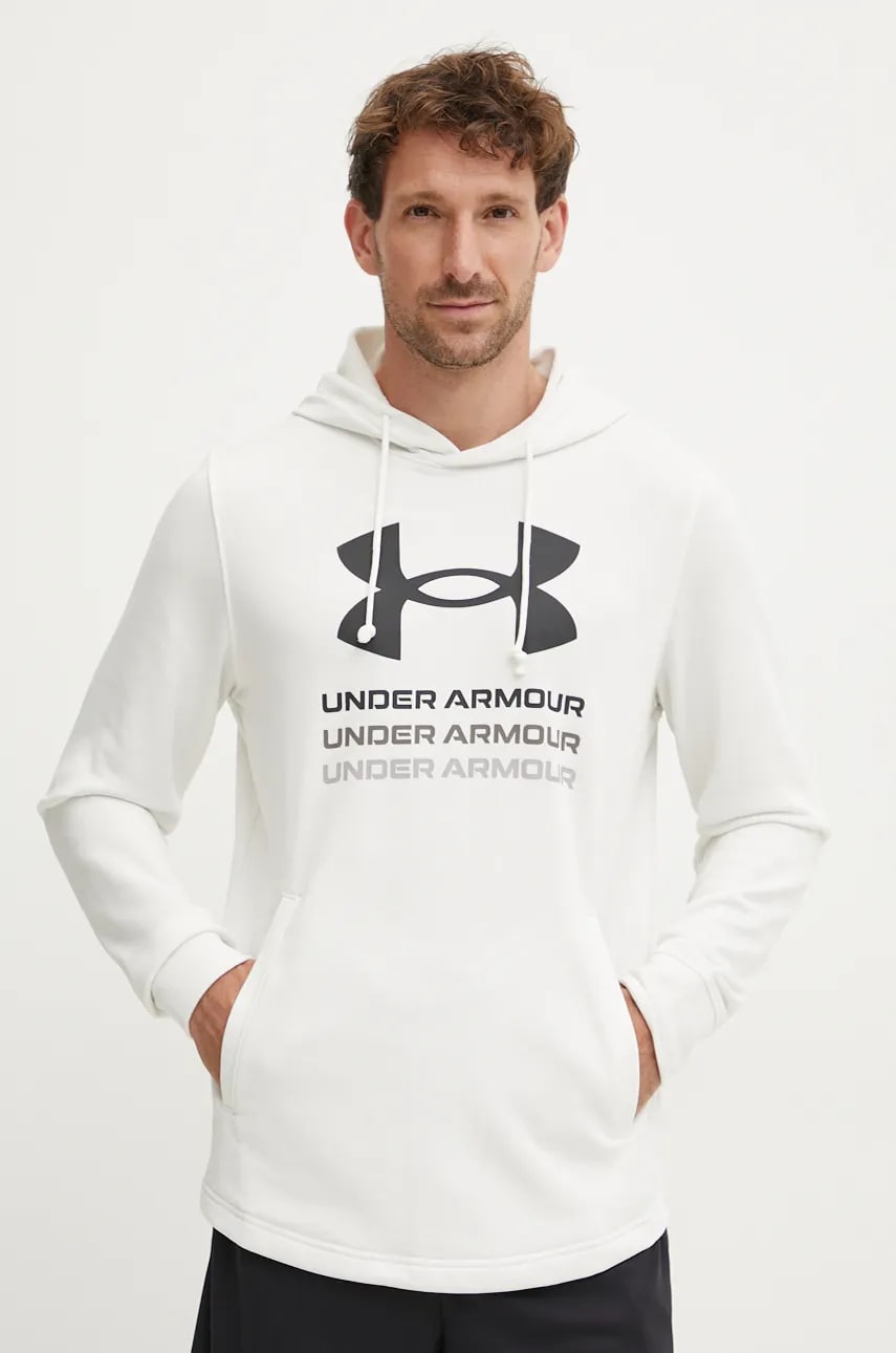 Under Armour hanorac de antrenament Rival culoarea alb, cu glugă, cu imprimeu, 1386047 Under Armour hanorac de antrenament Rival culoarea alb, cu glugă, cu imprimeu, 1386047