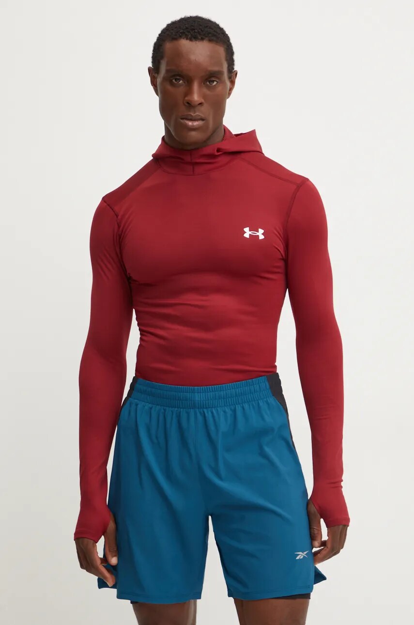 Under Armour hanorac de antrenament ColdGear Elite culoarea bordo, cu glugă, neted, 1386944 Under Armour hanorac de antrenament ColdGear Elite culoarea bordo, cu glugă, neted, 1386944
