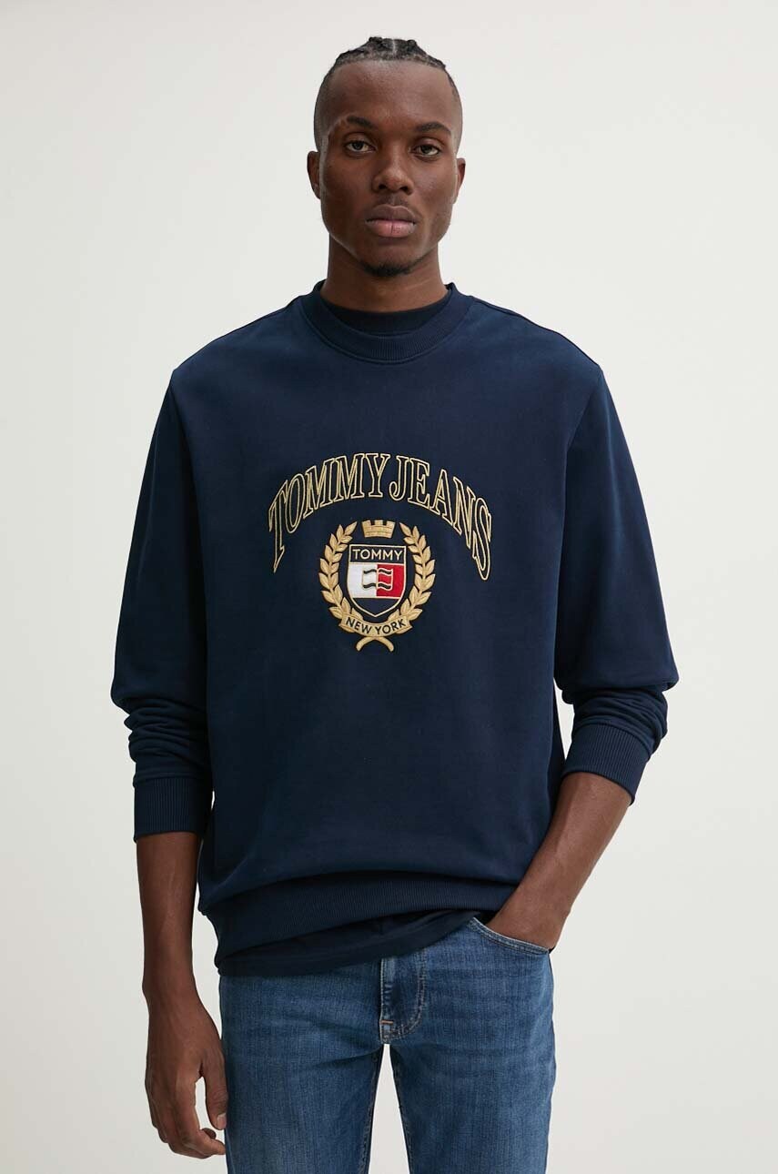 Levně Bavlněná mikina Tommy Jeans pánská, tmavomodrá barva, s aplikací, DM0DM19755