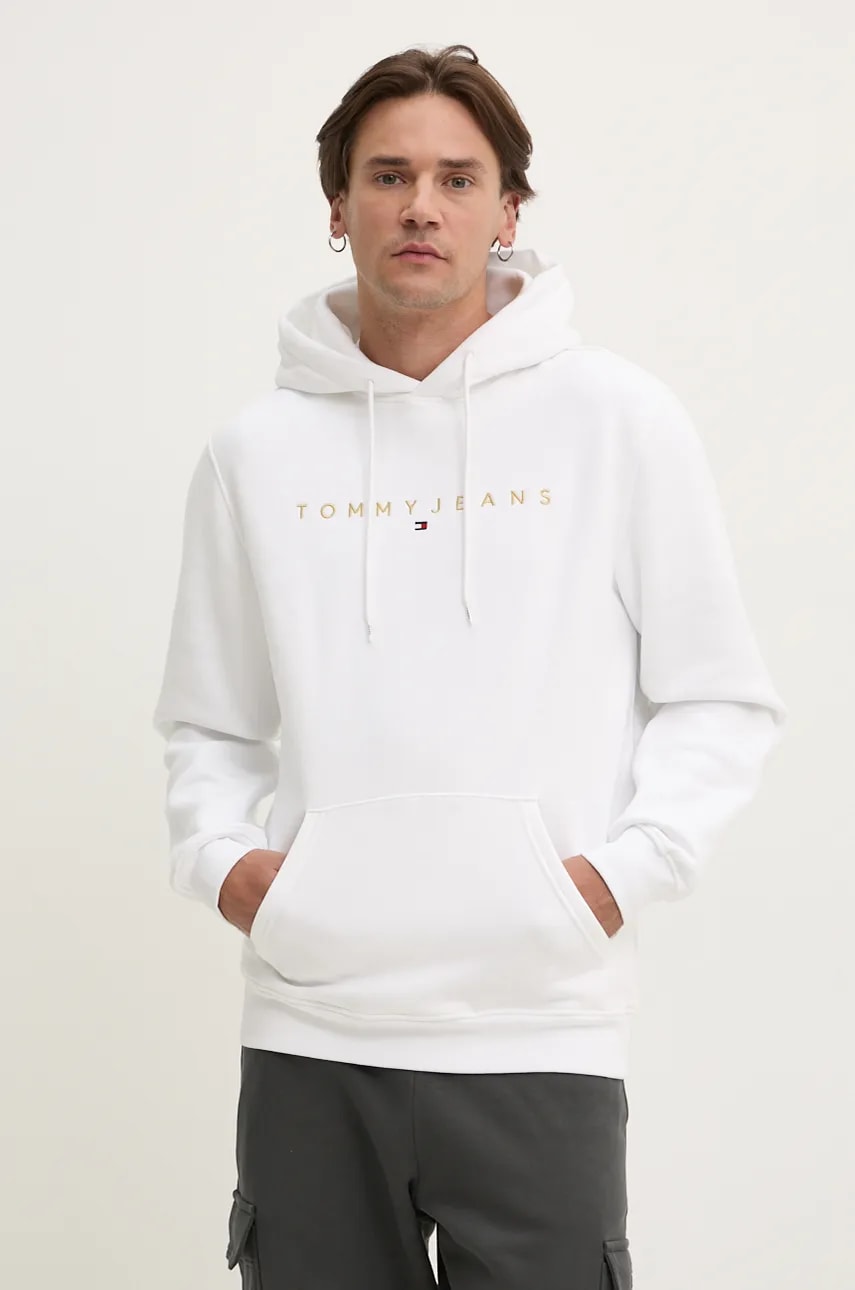 Levně Mikina Tommy Jeans pánská, bílá barva, s kapucí, s aplikací, DM0DM20503