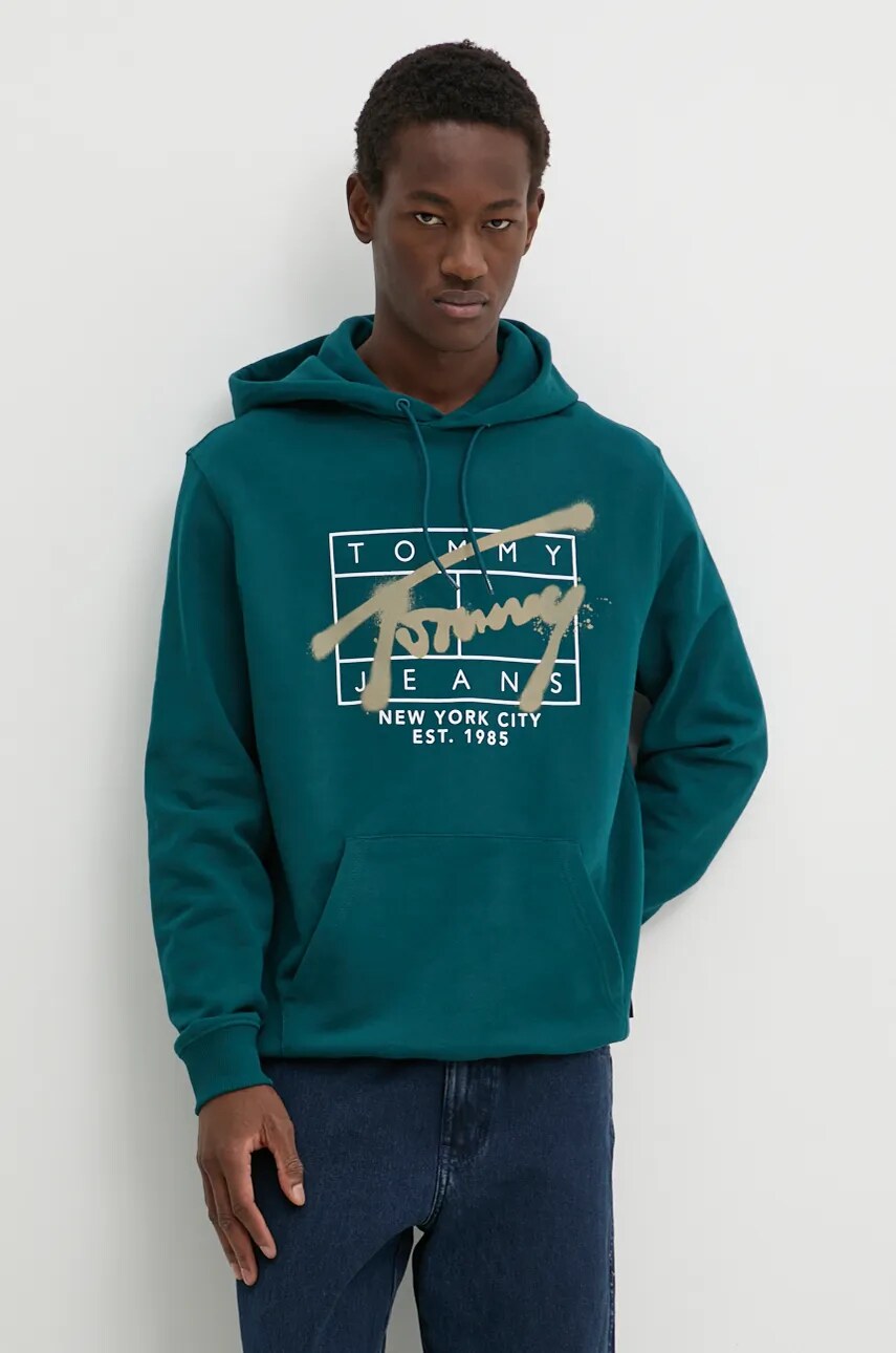 Levně Bavlněná mikina Tommy Jeans pánská, zelená barva, s kapucí, s potiskem, DM0DM20593