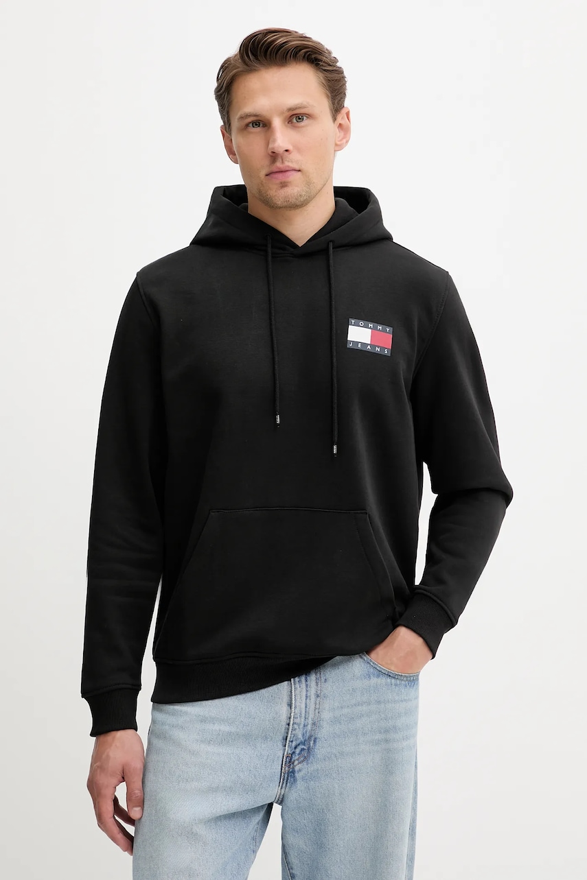 Tommy Jeans bluză culoarea verde, cu glugă, cu imprimeu, DM0DM20738