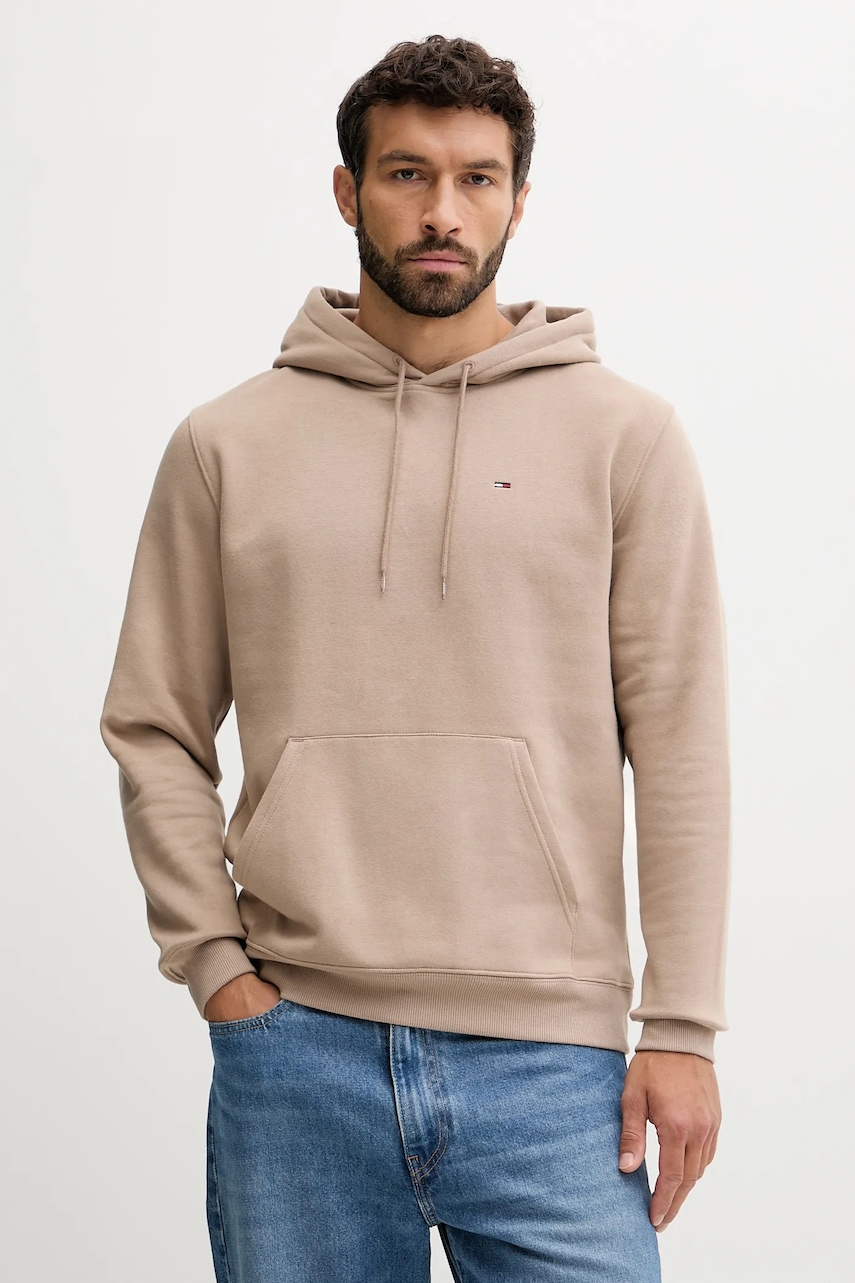 Tommy Jeans bluză culoarea bej, cu glugă, uni, DM0DM20742