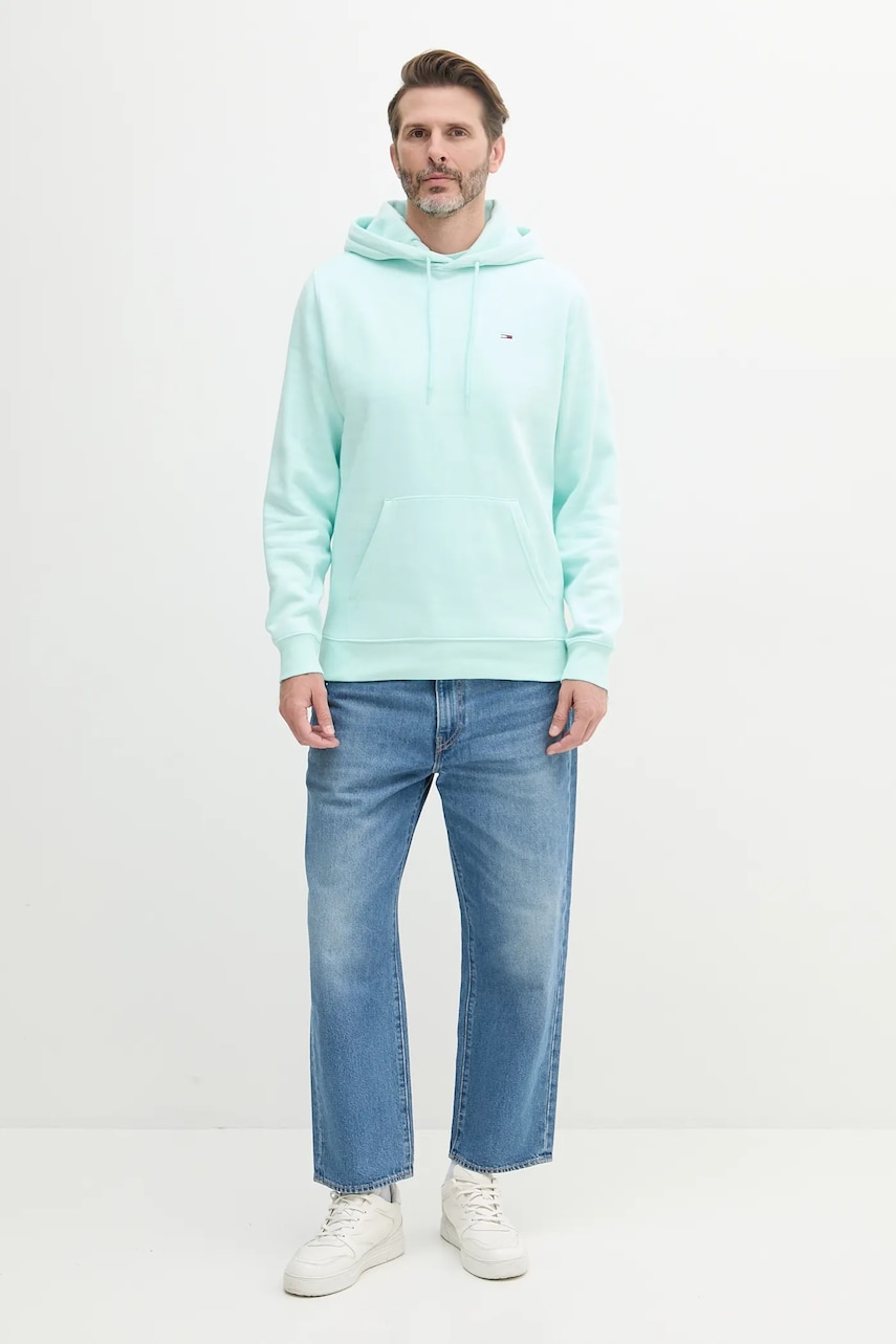 Кофта Tommy Jeans мужская цвет бирюзовый с капюшоном однотонная DM0DM20742 Кофта Tommy Jeans мужская цвет бирюзовый с капюшоном однотонная DM0DM20742