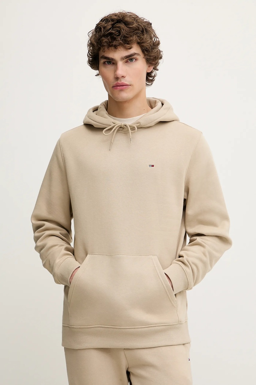Tommy Jeans bluză culoarea bej, cu glugă, uni, DM0DM20742