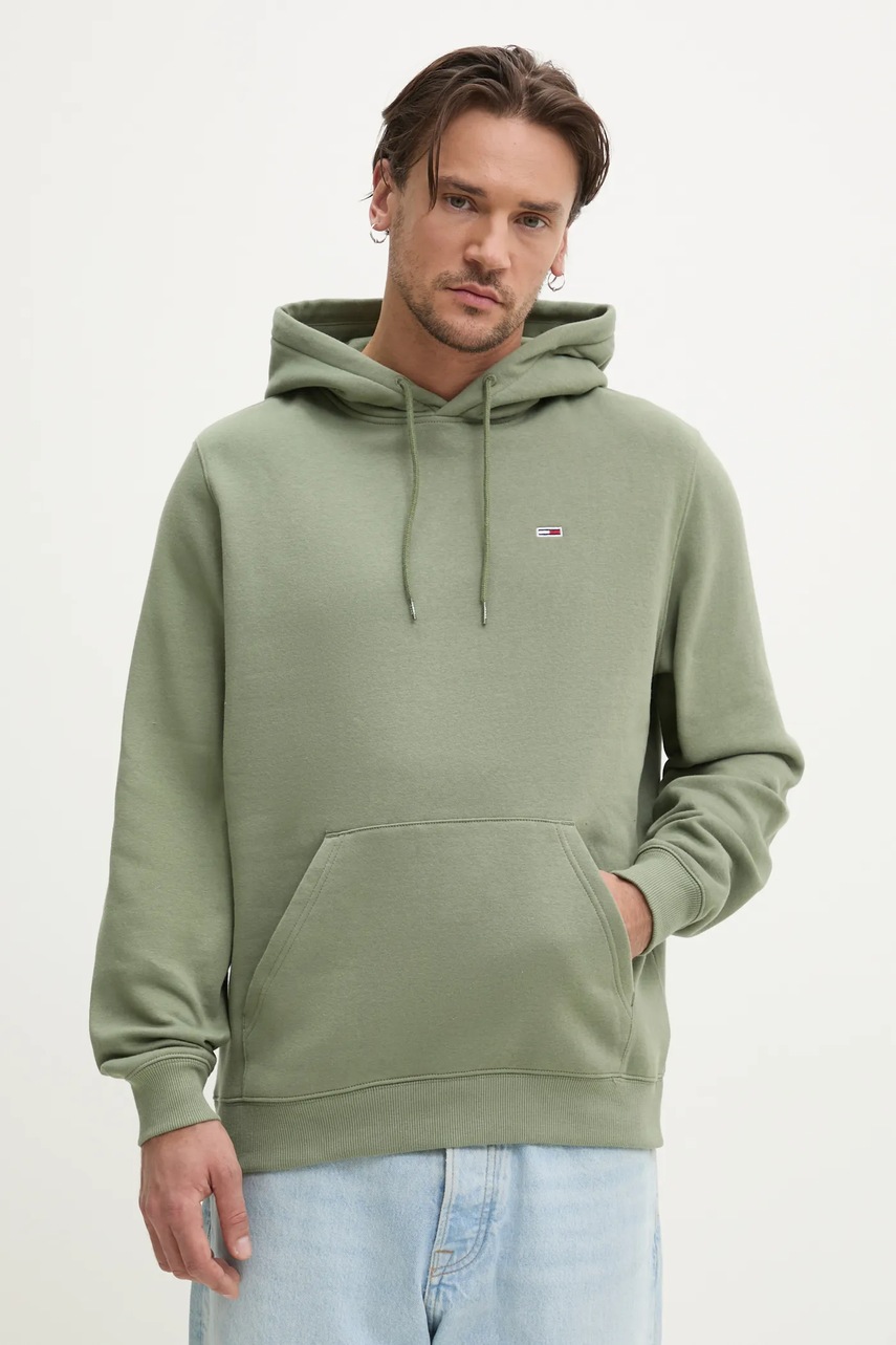 Tommy Jeans bluza barbati, culoarea verde, cu glugă, neted, DM0DM20742