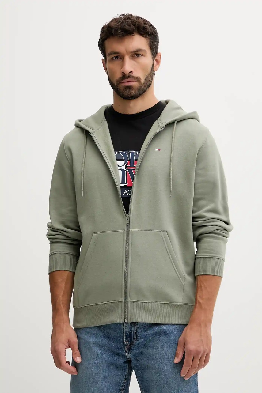 Tommy Jeans bluză culoarea verde, cu glugă, uni, DM0DM20743