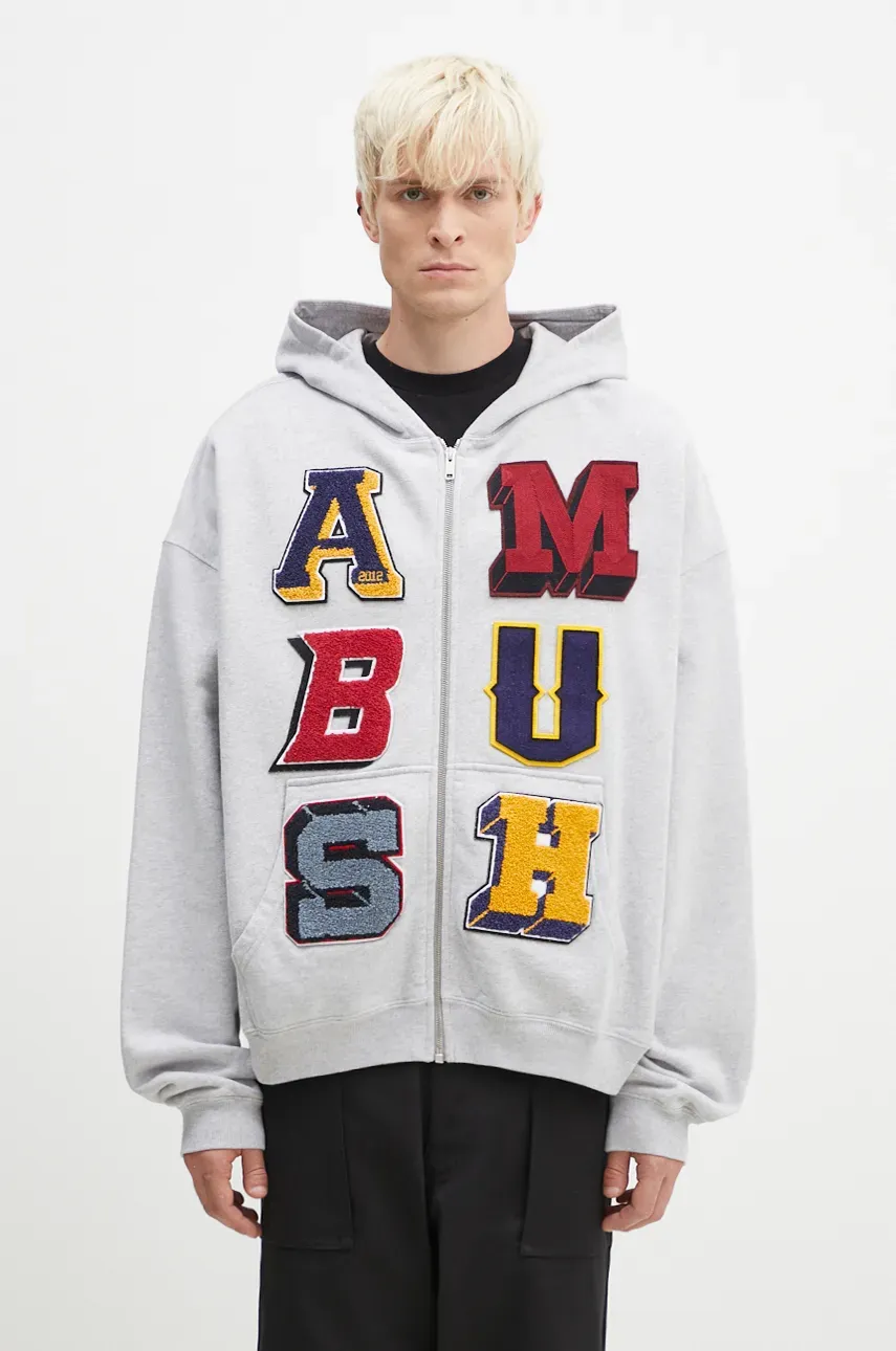 Mikina AMBUSH Zip Up Sweatshirt pánská, šedá barva, s kapucí, s aplikací, BMBE003F24FLE0020505