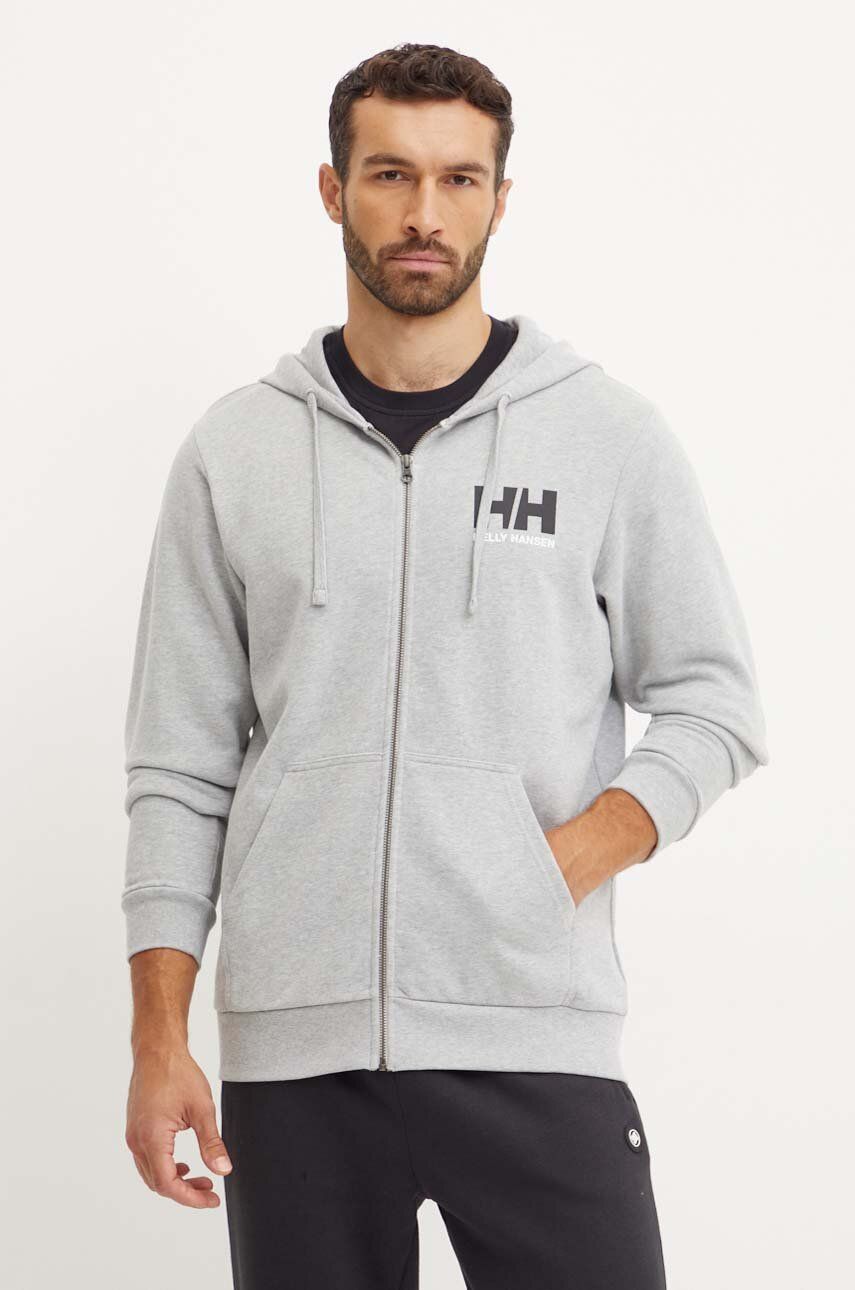 Helly Hansen hanorac de bumbac HH LOGO barbati, culoarea gri, cu glugă, cu imprimeu, 30393