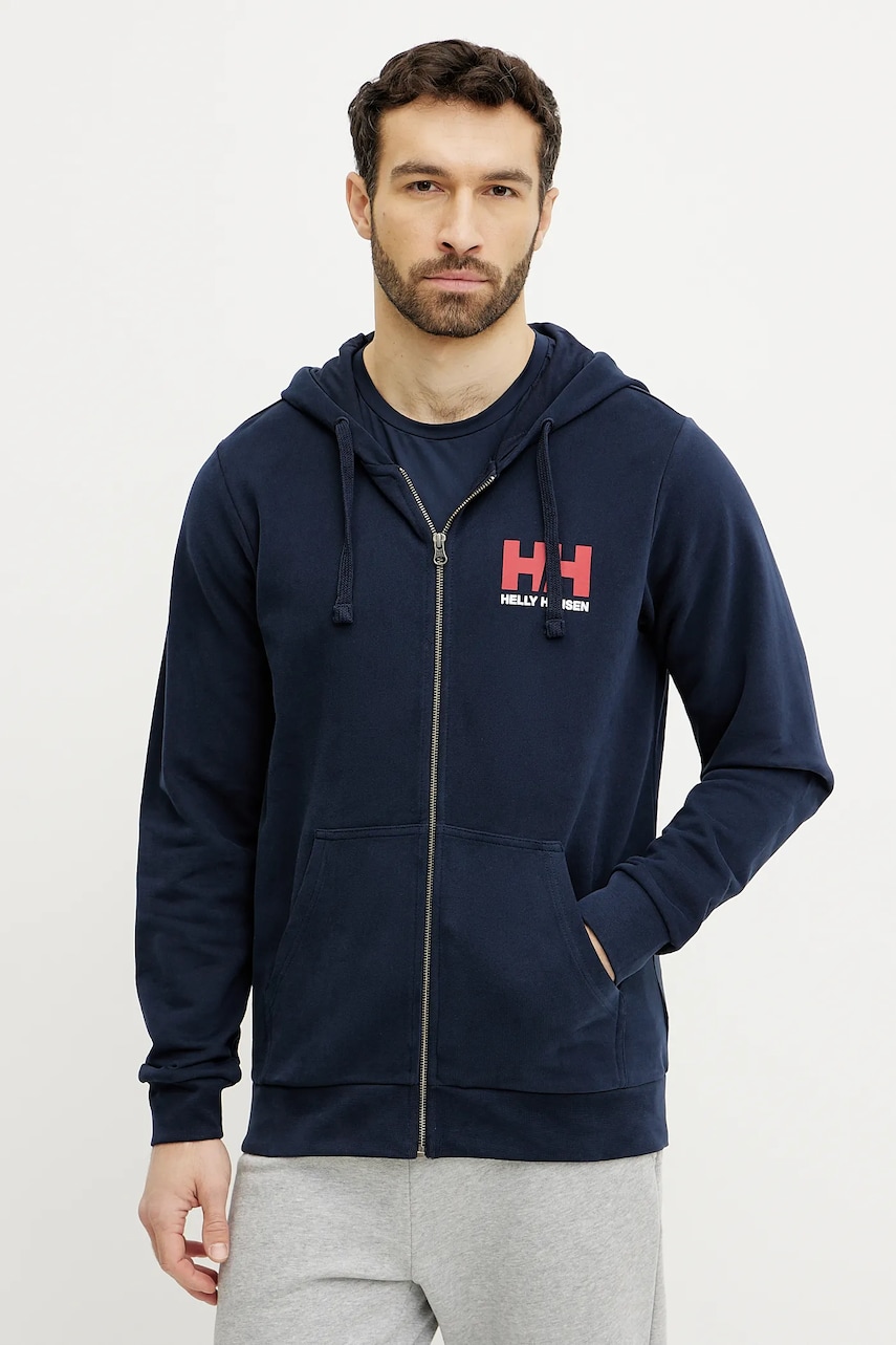 Helly Hansen hanorac de bumbac HH LOGO barbati, culoarea albastru marin, cu glugă, cu imprimeu, 30393
