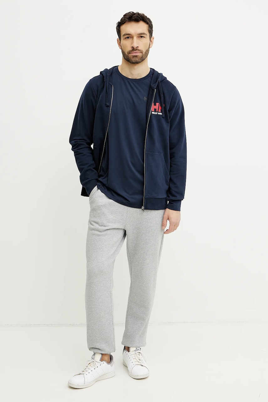 Хлопковая кофта Helly Hansen HH LOGO мужская цвет синий с капюшоном с принтом 30393 Хлопковая кофта Helly Hansen HH LOGO мужская цвет синий с капюшоном с принтом 30393