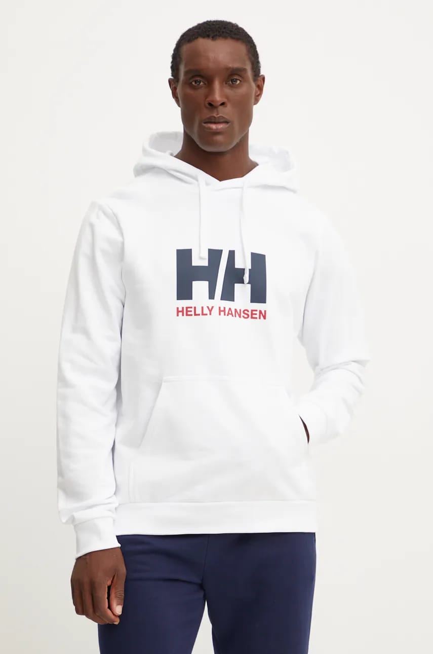 Helly Hansen hanorac de bumbac HH LOGO barbati, culoarea alb, cu glugă, cu imprimeu, 30394 Helly Hansen hanorac de bumbac HH LOGO barbati, culoarea alb, cu glugă, cu imprimeu, 30394