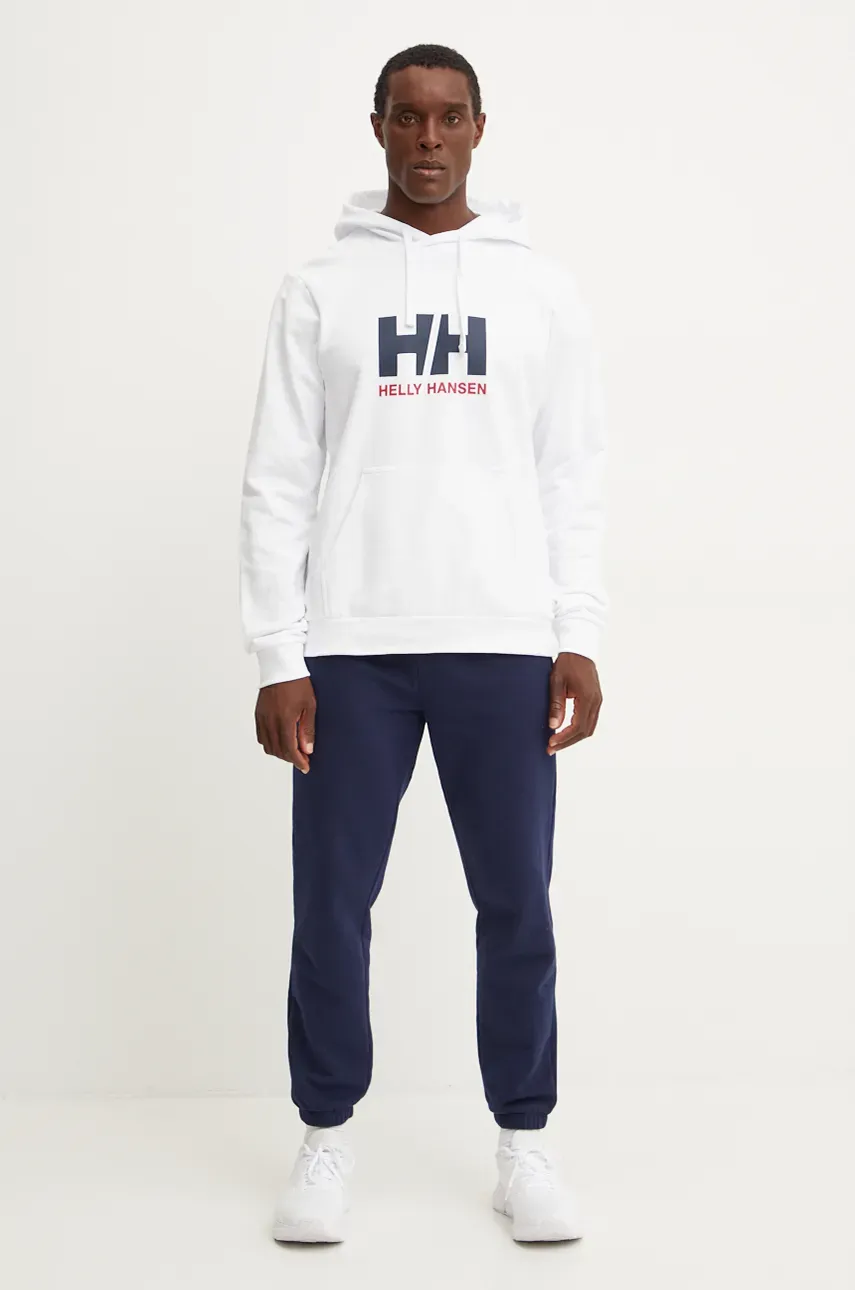 Хлопковая кофта Helly Hansen HH LOGO мужская цвет белый с капюшоном с принтом 30394 Хлопковая кофта Helly Hansen HH LOGO мужская цвет белый с капюшоном с принтом 30394
