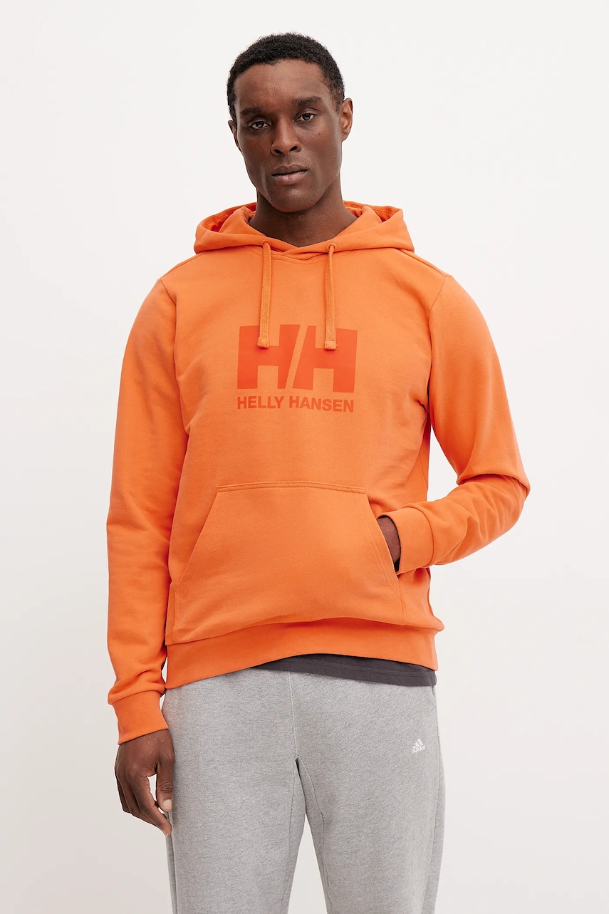 Helly Hansen hanorac de bumbac HH LOGO barbati, culoarea portocaliu, cu glugă, cu imprimeu, 30394 Helly Hansen hanorac de bumbac HH LOGO barbati, culoarea portocaliu, cu glugă, cu imprimeu, 30394