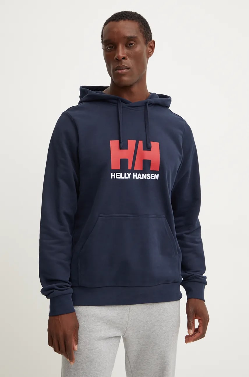 Helly Hansen hanorac de bumbac HH LOGO barbati, culoarea albastru marin, cu glugă, cu imprimeu, 30394