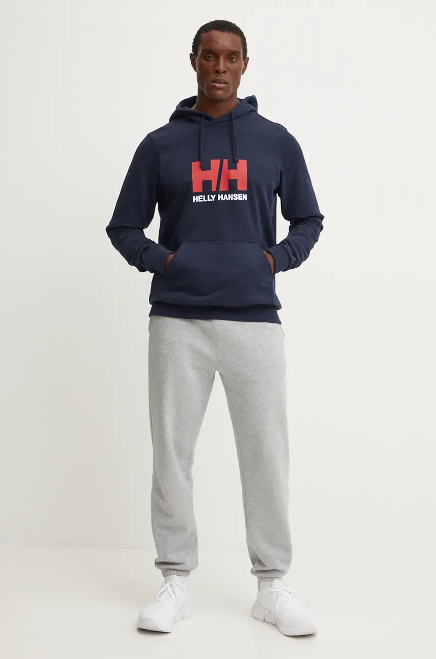 Хлопковая кофта Helly Hansen HH LOGO мужская цвет синий с капюшоном с принтом 30394 Хлопковая кофта Helly Hansen HH LOGO мужская цвет синий с капюшоном с принтом 30394