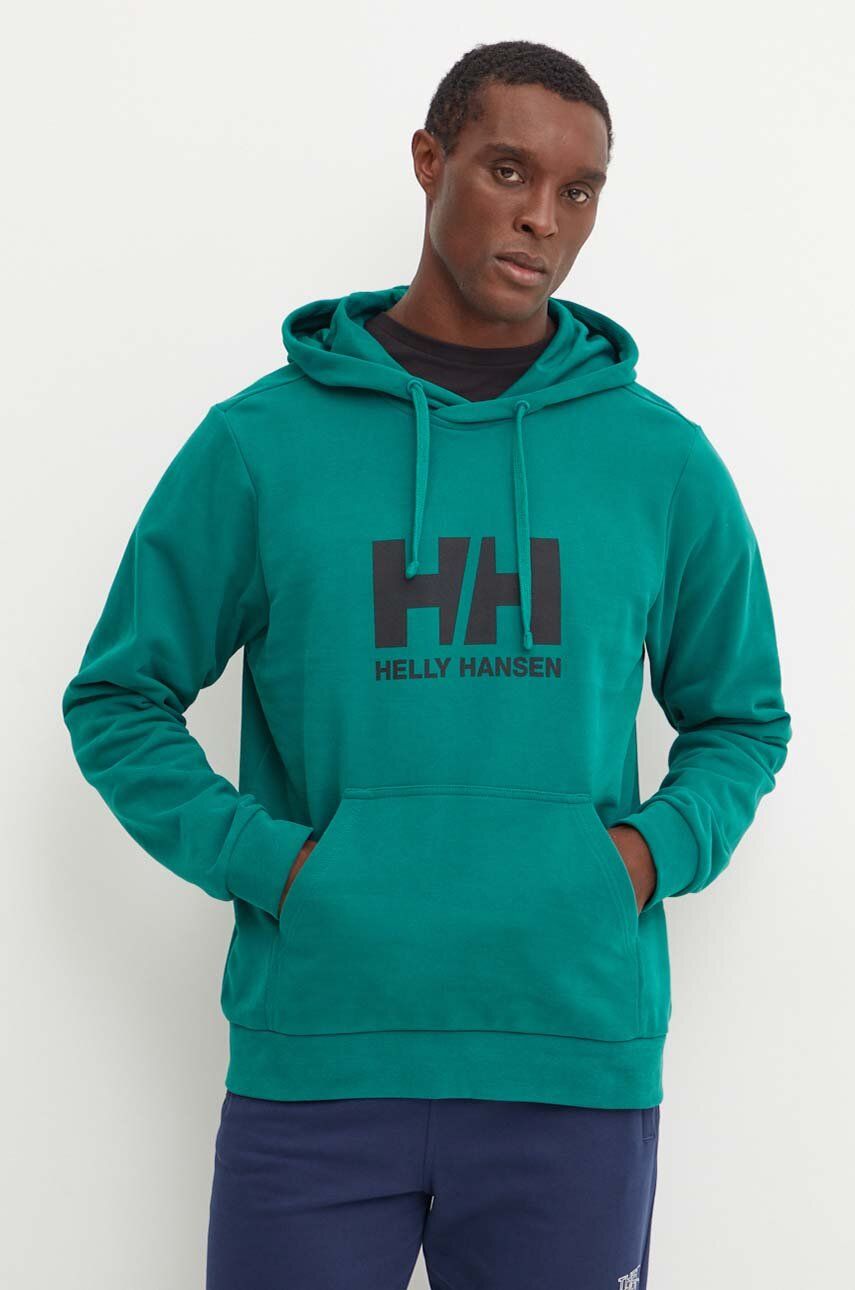 Helly Hansen hanorac de bumbac HH LOGO barbati, culoarea verde, cu glugă, cu imprimeu, 30394