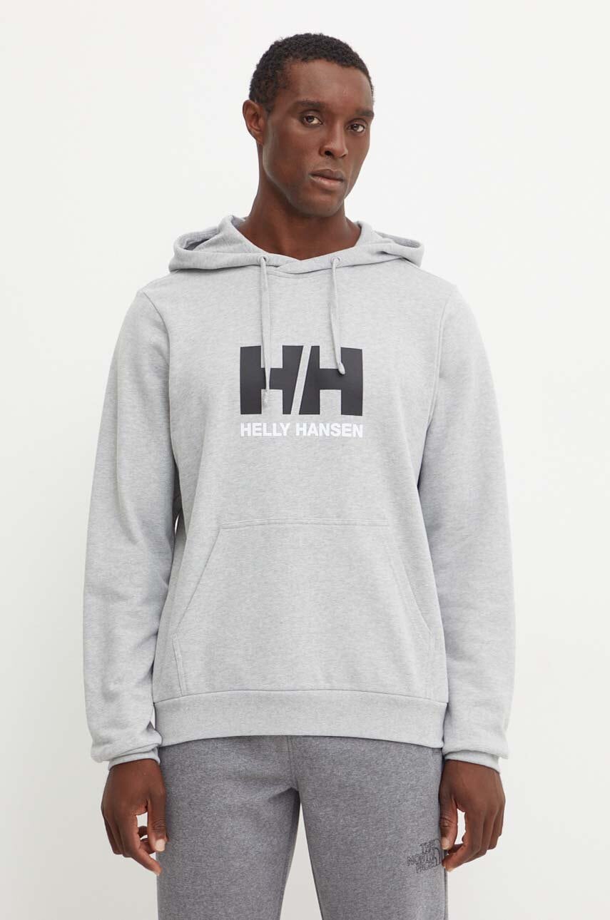 Helly Hansen hanorac de bumbac HH LOGO barbati, culoarea gri, cu glugă, cu imprimeu, 30394