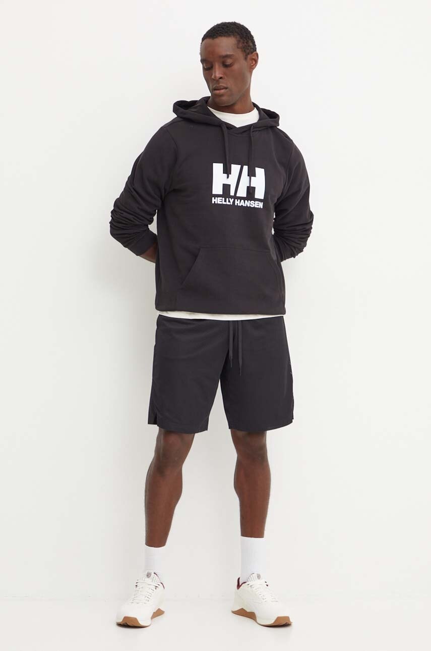 Helly Hansen hanorac de bumbac HH LOGO barbati, culoarea negru, cu glugă, cu imprimeu, 30394 Helly Hansen hanorac de bumbac HH LOGO barbati, culoarea negru, cu glugă, cu imprimeu, 30394