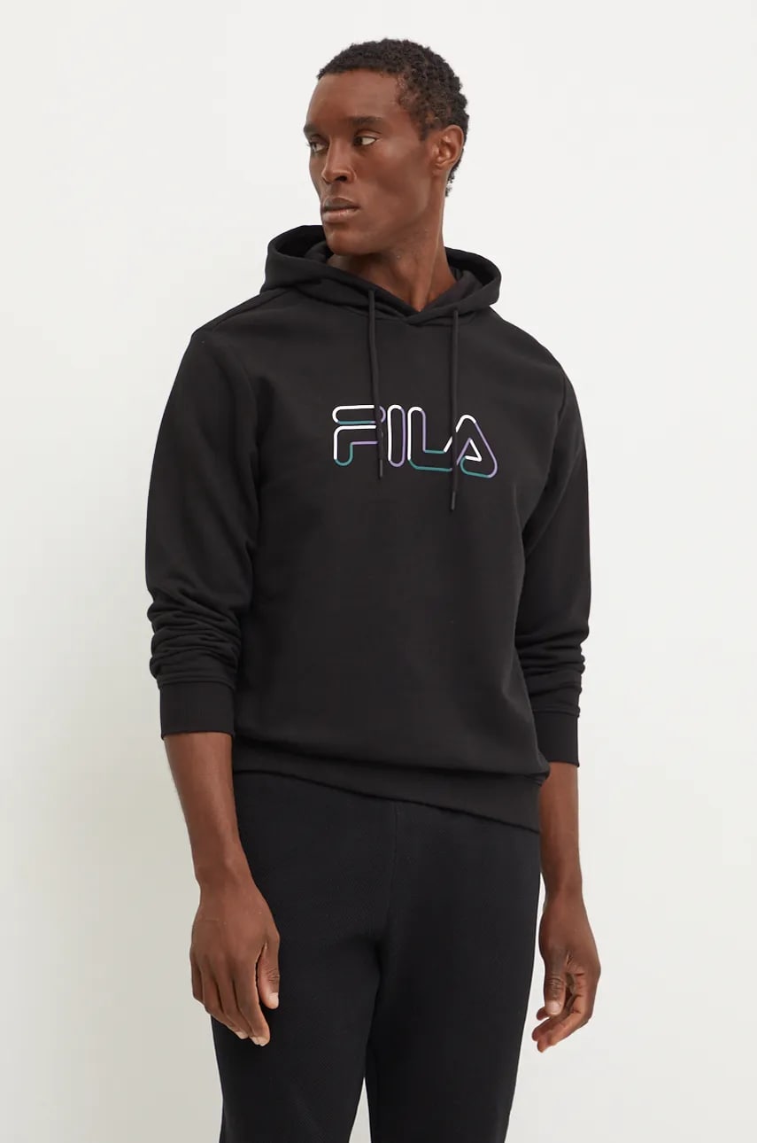 Fila bluza Lauben barbati, culoarea negru, cu glugă, cu imprimeu, FAM0787 Fila bluza Lauben barbati, culoarea negru, cu glugă, cu imprimeu, FAM0787