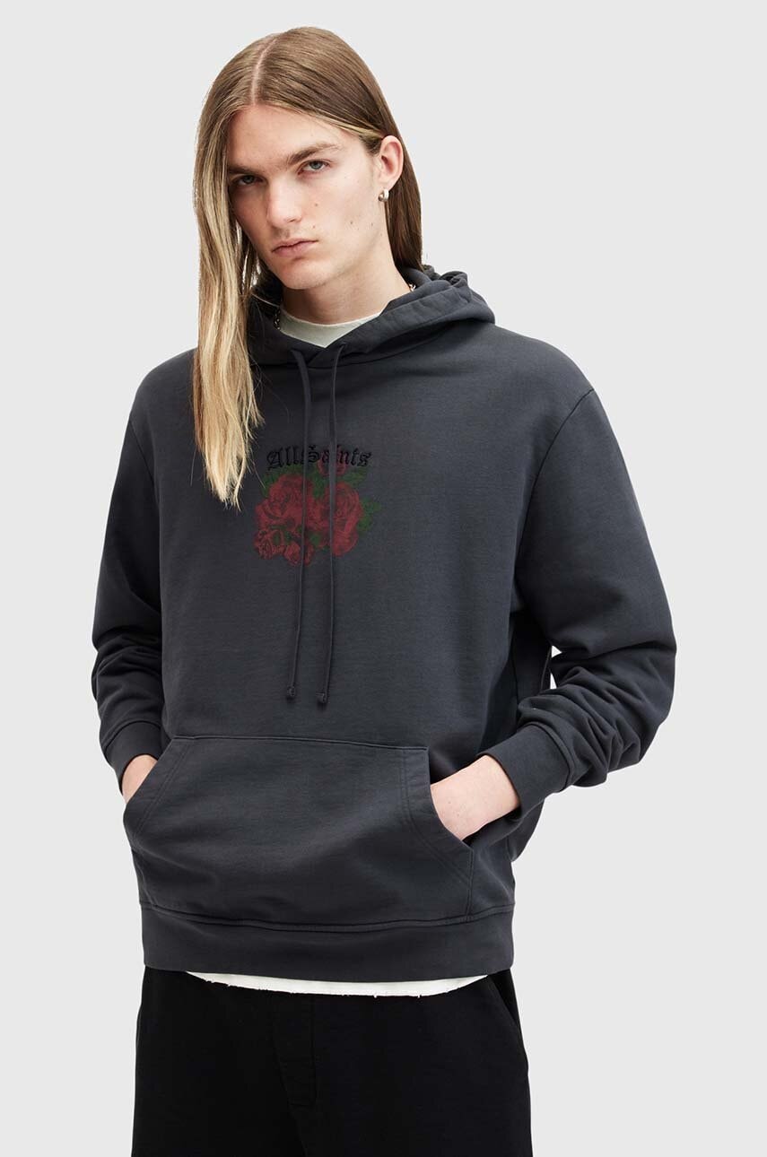 AllSaints hanorac de bumbac MELROSE barbati, culoarea gri, cu glugă, cu imprimeu, M007NB AllSaints hanorac de bumbac MELROSE barbati, culoarea gri, cu glugă, cu imprimeu, M007NB