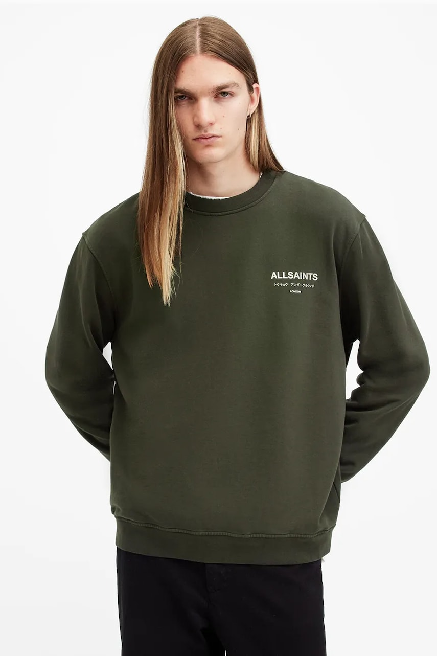 AllSaints hanorac de bumbac UNDERGROUND barbati, culoarea verde, cu imprimeu, M033NB AllSaints hanorac de bumbac UNDERGROUND barbati, culoarea verde, cu imprimeu, M033NB