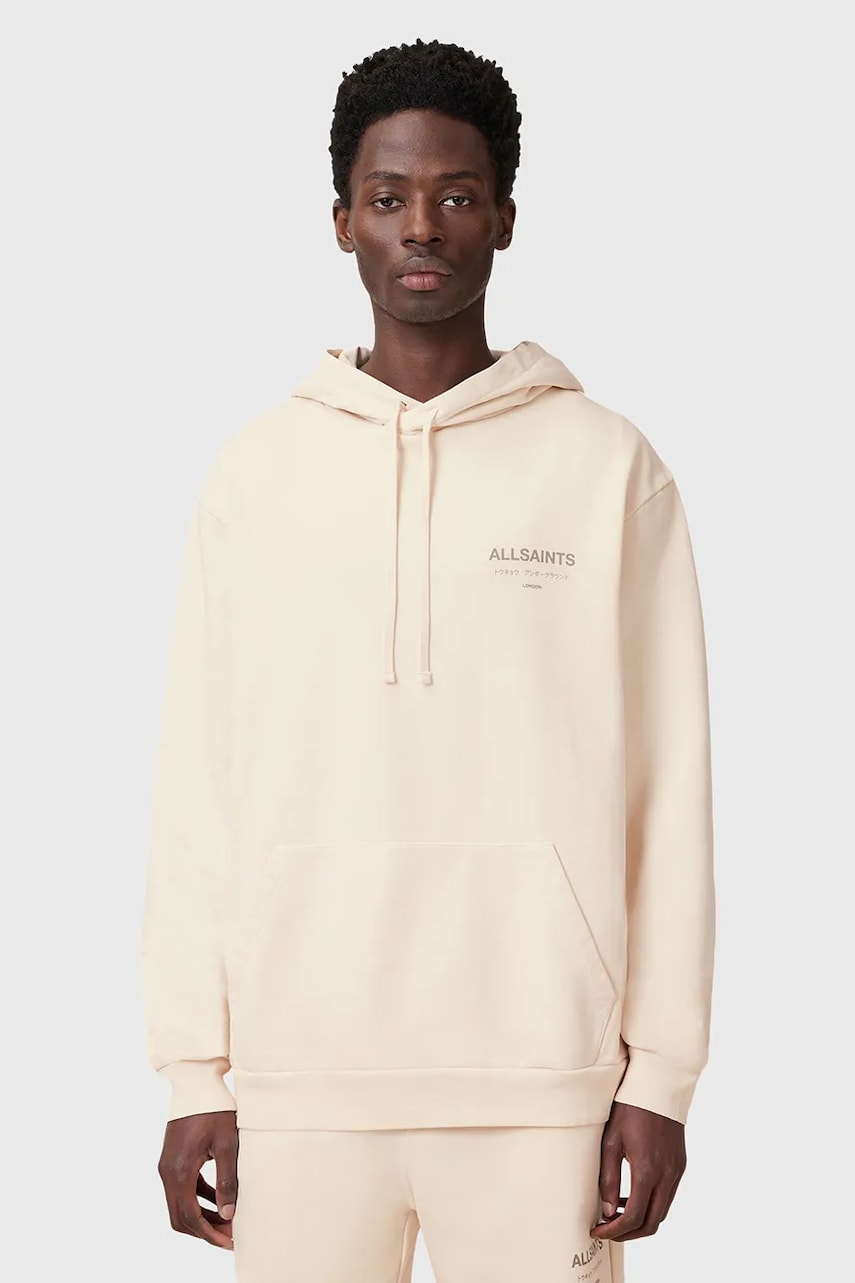 AllSaints hanorac de bumbac UNDERGROUND culoarea verde, cu glugă, cu imprimeu, M034NB