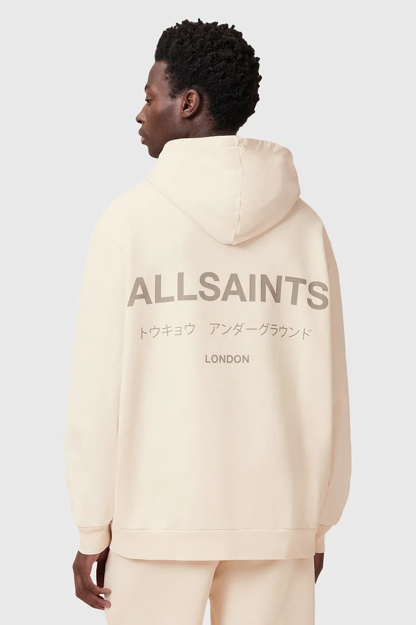 Хлопковая кофта AllSaints UNDERGROUND цвет зелёный с капюшоном с принтом M034NB