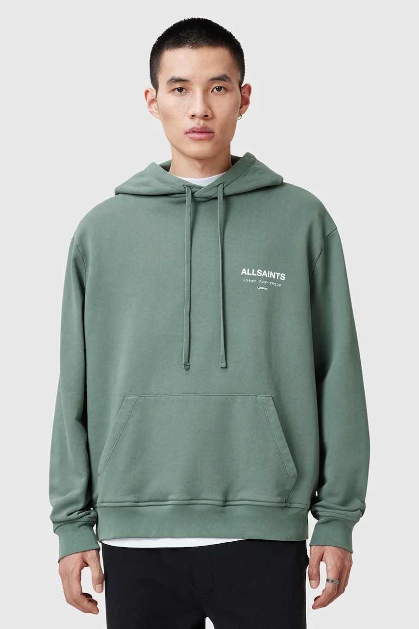 AllSaints hanorac de bumbac UNDERGROUND barbati, culoarea verde, cu glugă, cu imprimeu, M034NB AllSaints hanorac de bumbac UNDERGROUND barbati, culoarea verde, cu glugă, cu imprimeu, M034NB