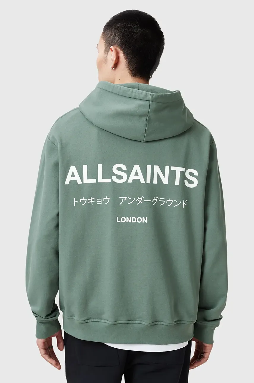 Хлопковая кофта AllSaints UNDERGROUND мужская цвет зелёный с капюшоном с принтом M034NB Хлопковая кофта AllSaints UNDERGROUND мужская цвет зелёный с капюшоном с принтом M034NB