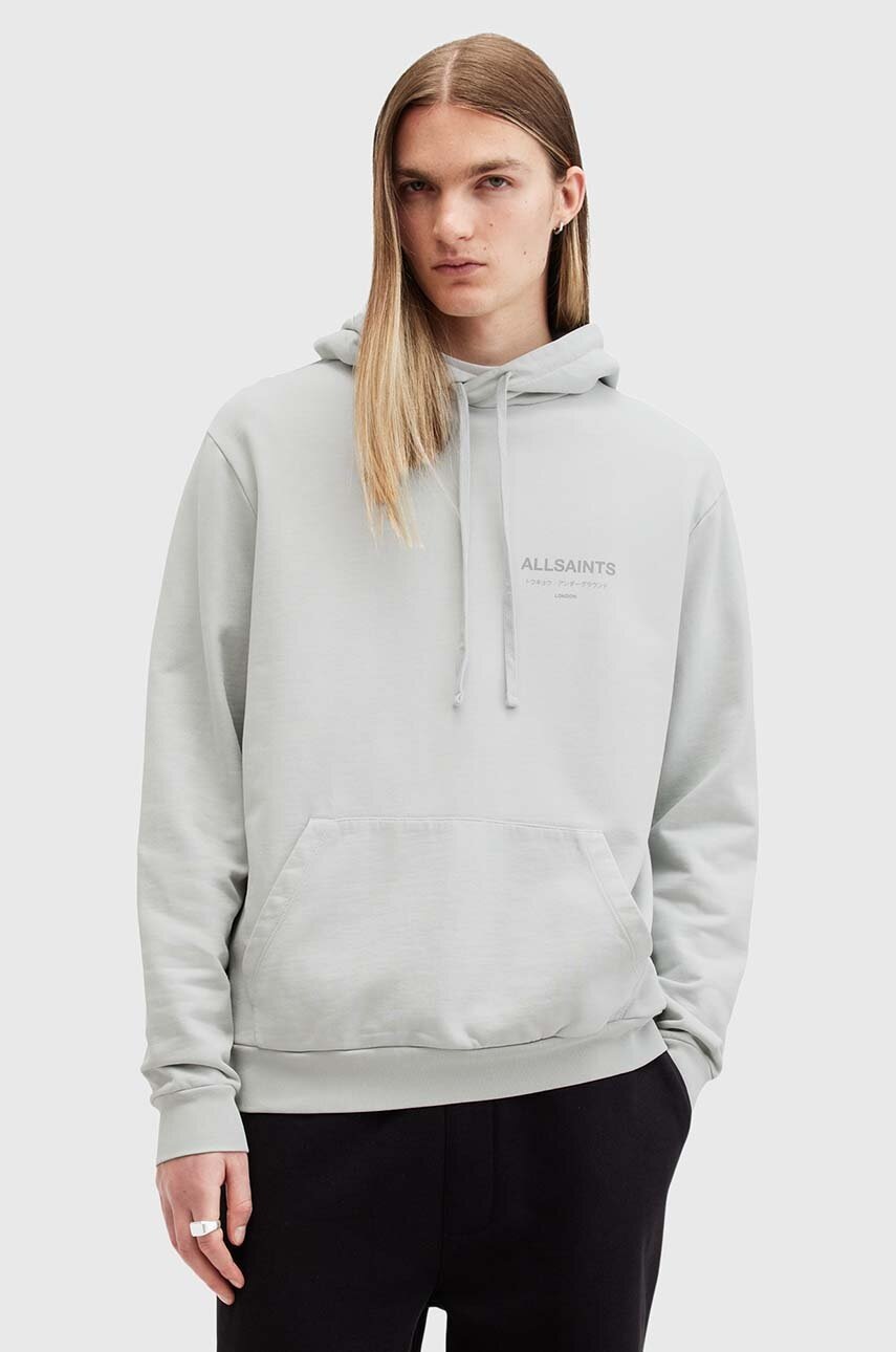 

Памучен суичър AllSaints UNDERGROUND в сиво с качулка с принт M034NB, Сив