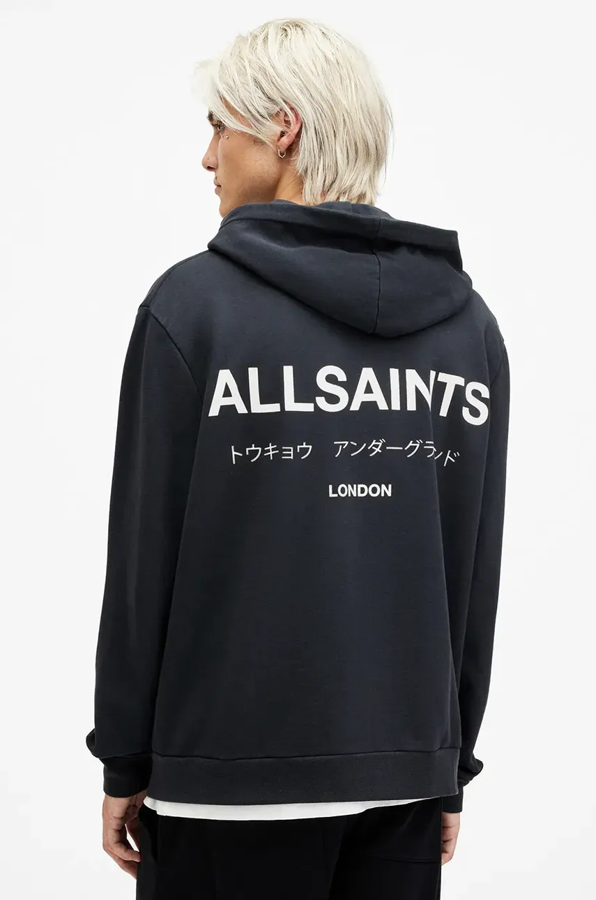 Хлопковая кофта AllSaints UNDERGROUND мужская цвет синий с капюшоном с принтом M034NB Хлопковая кофта AllSaints UNDERGROUND мужская цвет синий с капюшоном с принтом M034NB