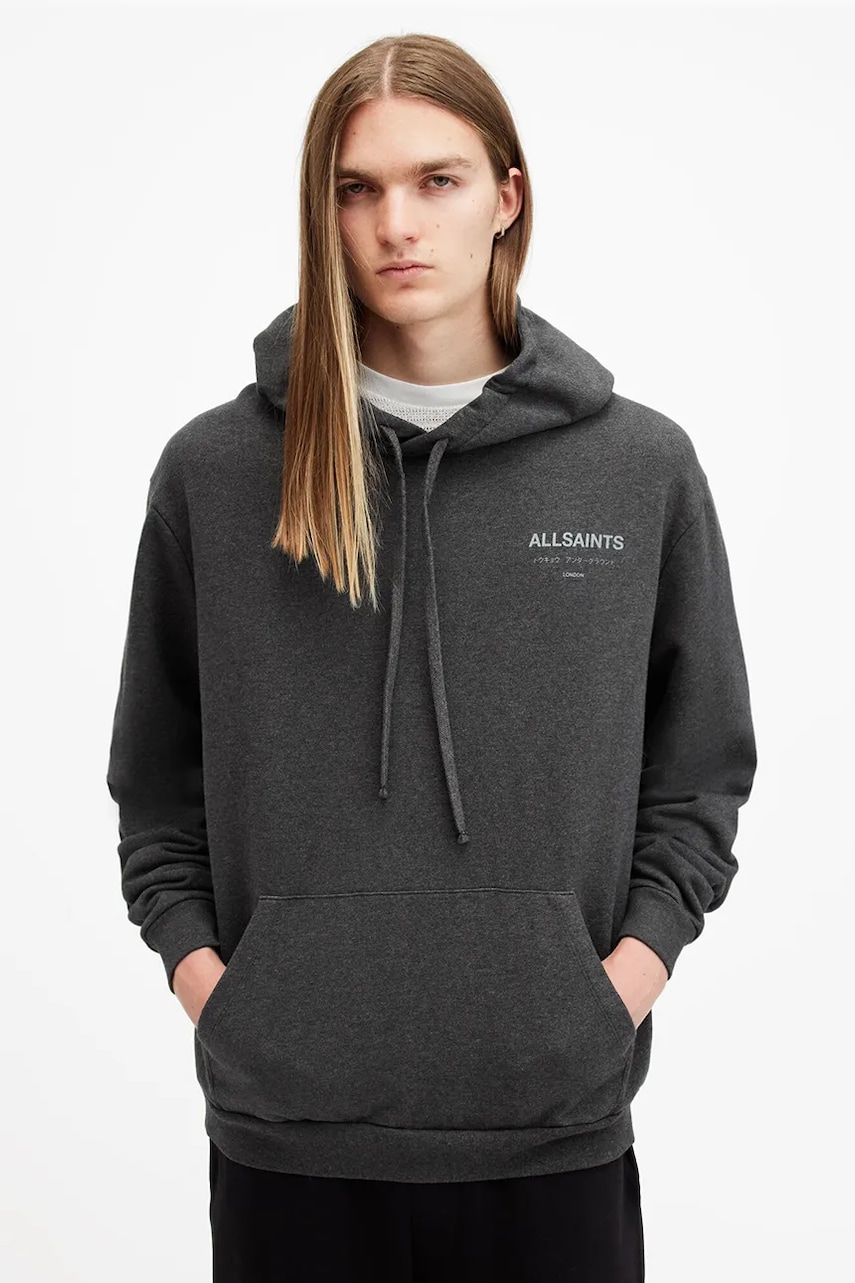 AllSaints hanorac de bumbac UNDERGROUND barbati, culoarea gri, cu glugă, cu imprimeu, M034NB AllSaints hanorac de bumbac UNDERGROUND barbati, culoarea gri, cu glugă, cu imprimeu, M034NB