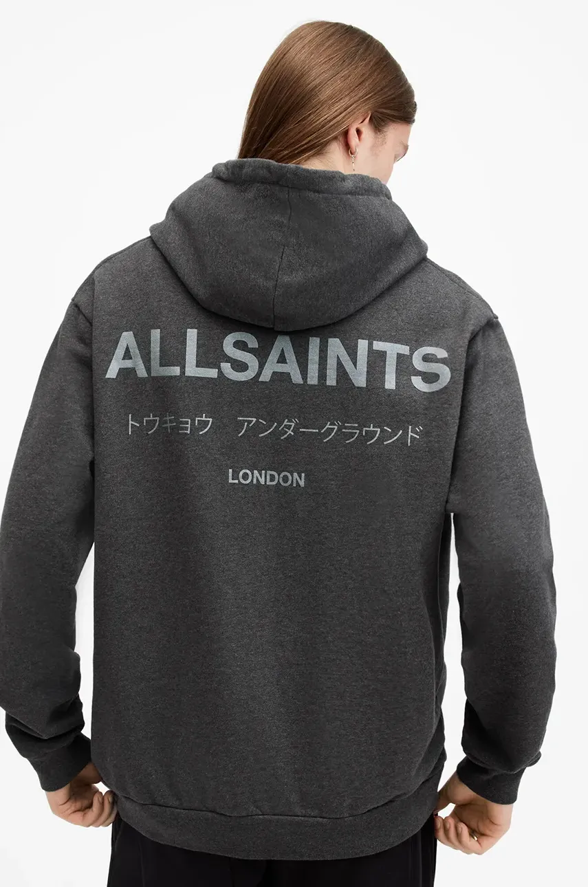 Хлопковая кофта AllSaints UNDERGROUND мужская цвет серый с капюшоном с принтом M034NB Хлопковая кофта AllSaints UNDERGROUND мужская цвет серый с капюшоном с принтом M034NB