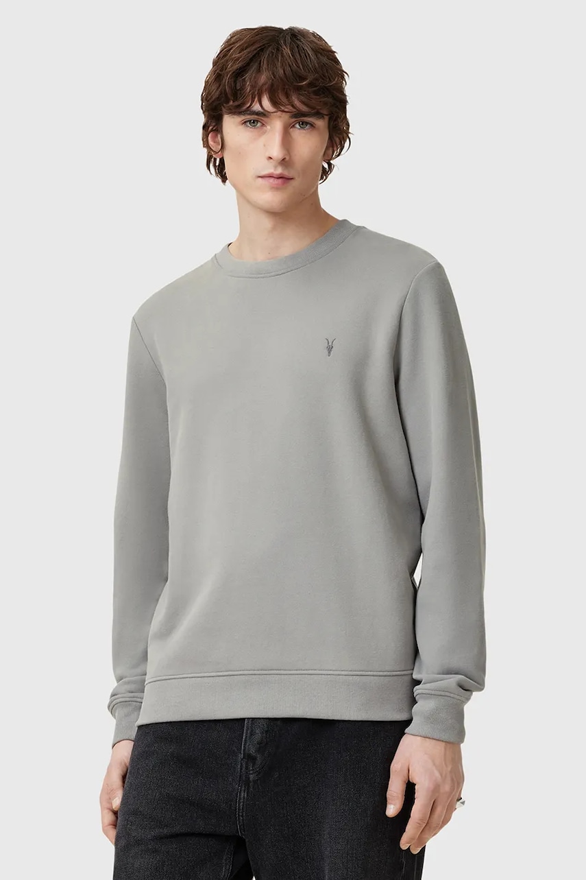 AllSaints hanorac de bumbac RAVEN CREW barbati, culoarea gri, neted, M037NB AllSaints hanorac de bumbac RAVEN CREW barbati, culoarea gri, neted, M037NB