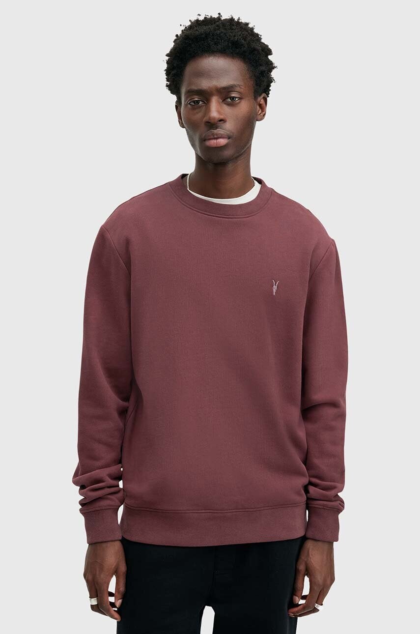 AllSaints hanorac de bumbac RAVEN CREW barbati, culoarea bordo, neted, M037NB AllSaints hanorac de bumbac RAVEN CREW barbati, culoarea bordo, neted, M037NB