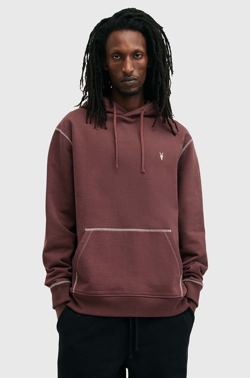 AllSaints hanorac de bumbac AMIR barbati, culoarea bordo, cu glugă, neted, M038NB AllSaints hanorac de bumbac AMIR barbati, culoarea bordo, cu glugă, neted, M038NB