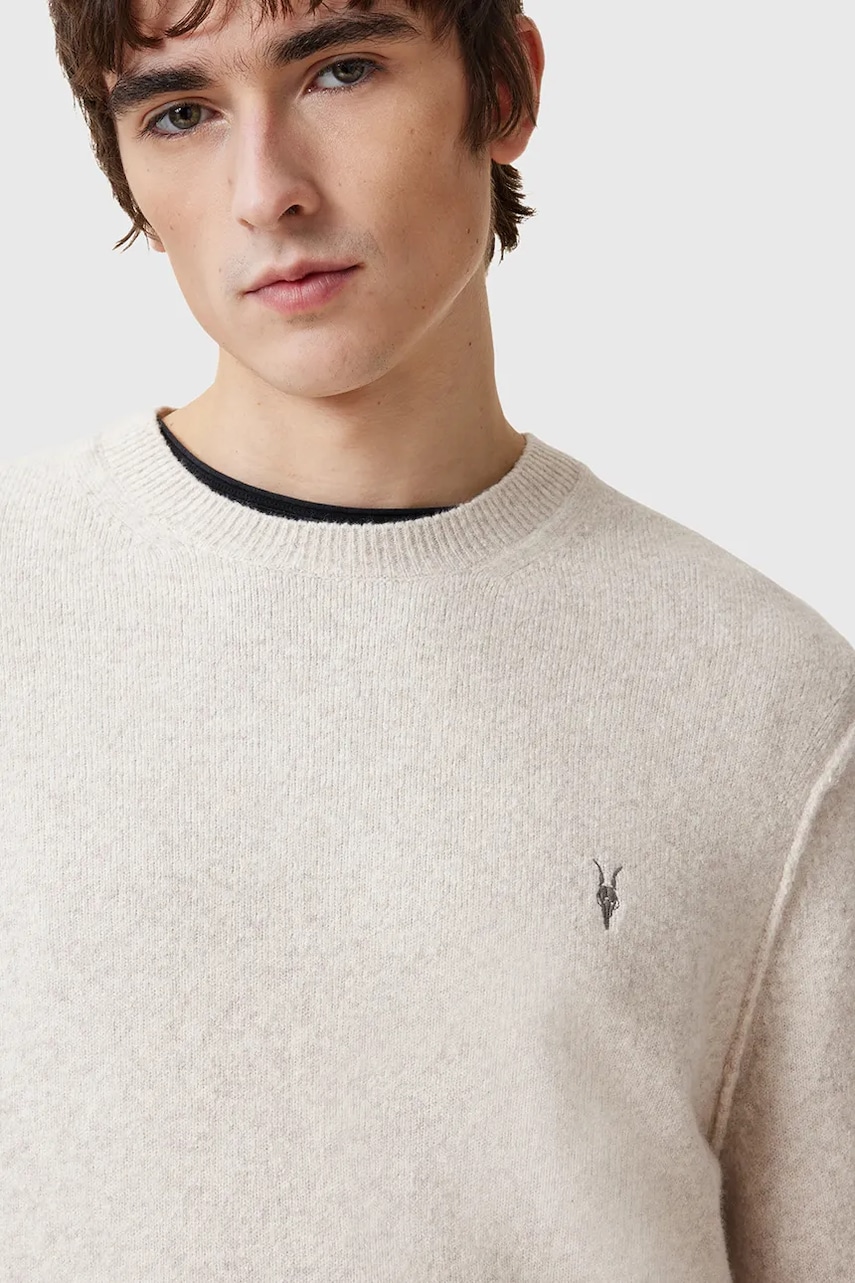 Свитер с шерстью AllSaints STATTEN цвет бежевый однотонная M039KA Свитер с шерстью AllSaints STATTEN цвет бежевый однотонная M039KA