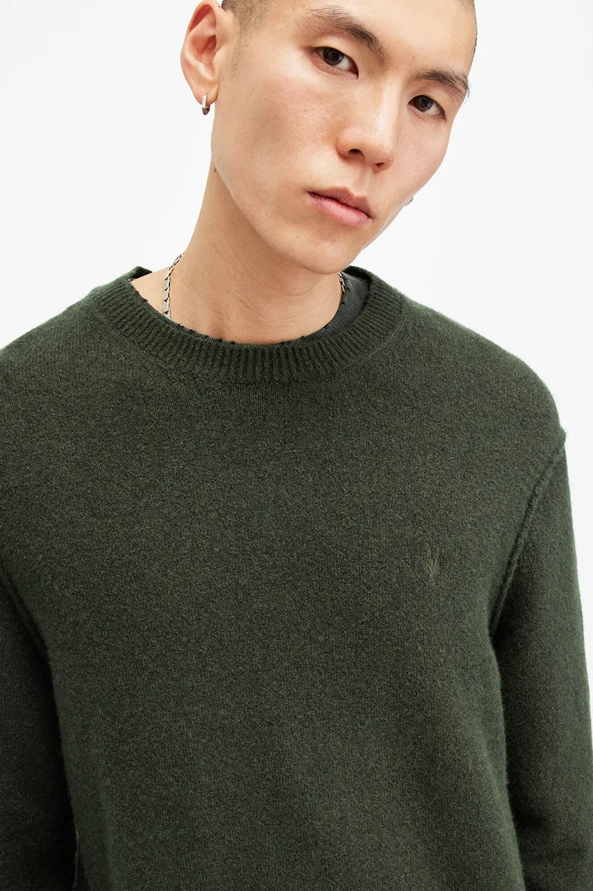 Светр з вовною AllSaints STATTEN колір зелений однотонна M039KA
