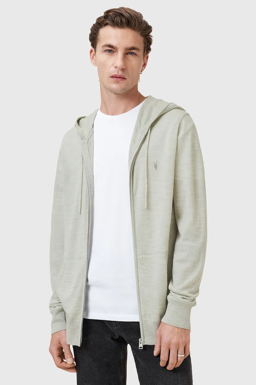 AllSaints bluza din lana MODE MERINO ZIP HOOD culoarea negru, cu gluga, melanj, M084KB