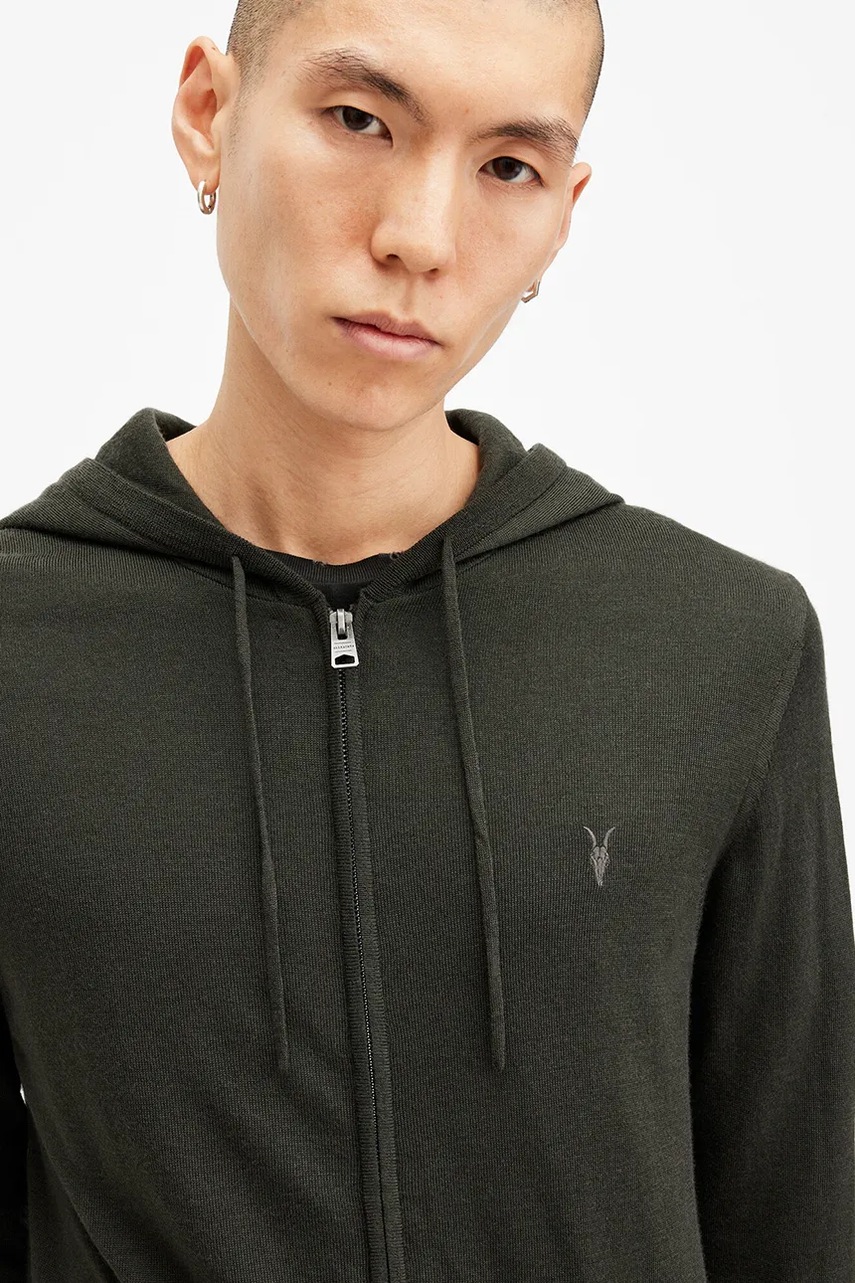 Шерстяна кофта AllSaints MODE MERINO ZIP HOOD колір зелений з капюшоном меланж M084KB 
