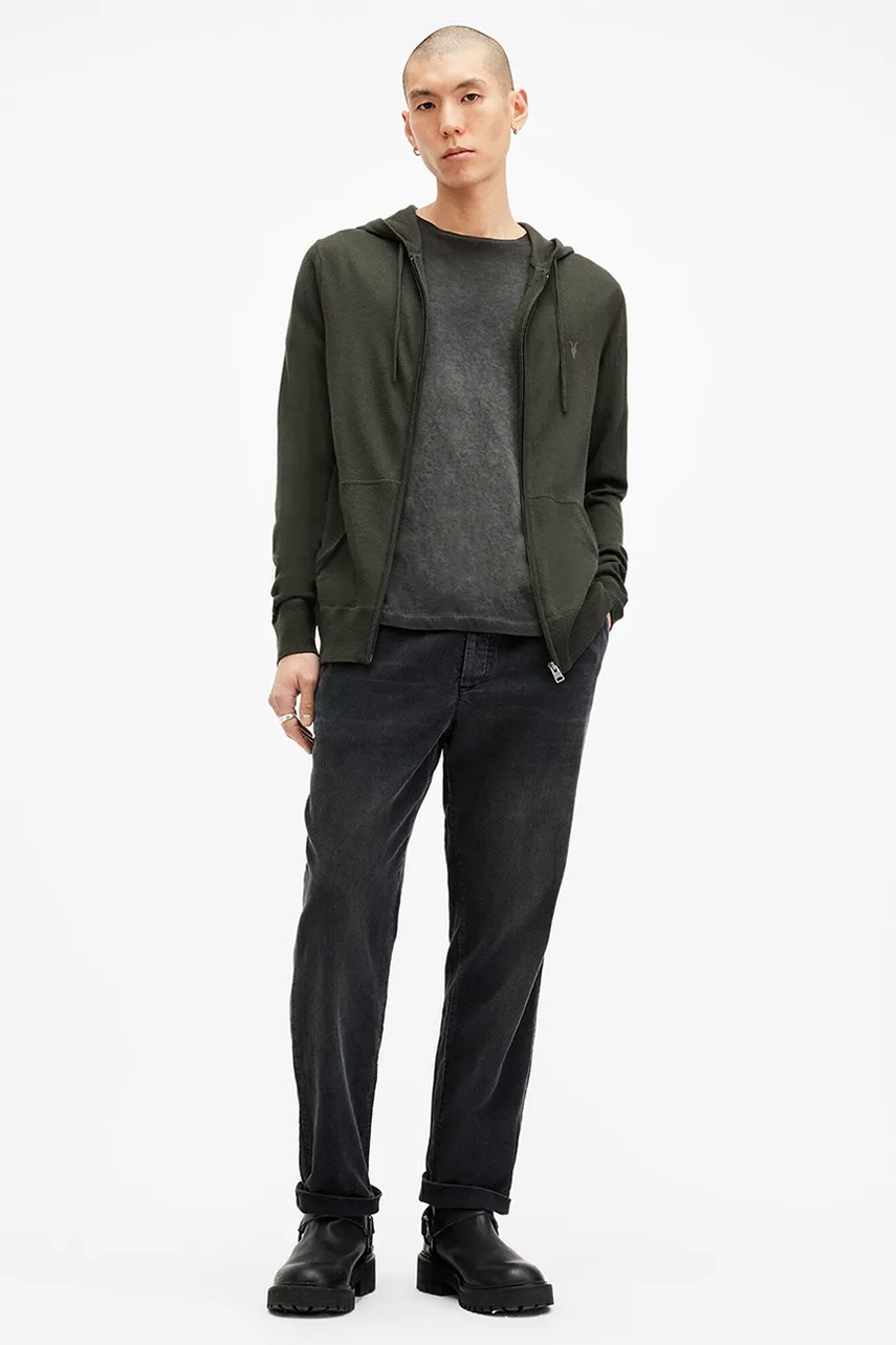 Шерстяна кофта AllSaints MODE MERINO ZIP HOOD колір зелений з капюшоном меланж M084KB 