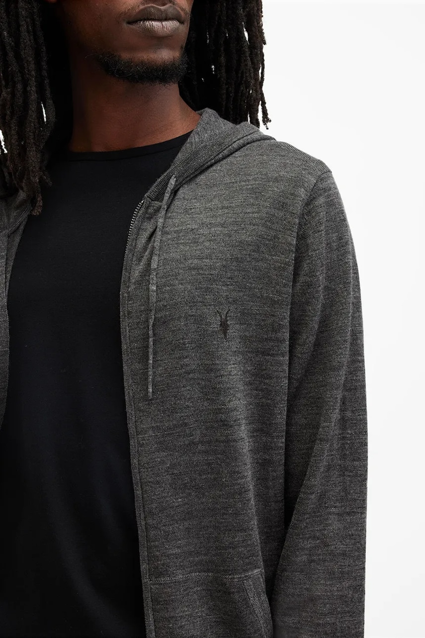 Шерстяная кофта AllSaints MODE MERINO ZIP HOOD цвет серый с капюшоном меланж M084KB Шерстяная кофта AllSaints MODE MERINO ZIP HOOD цвет серый с капюшоном меланж M084KB
