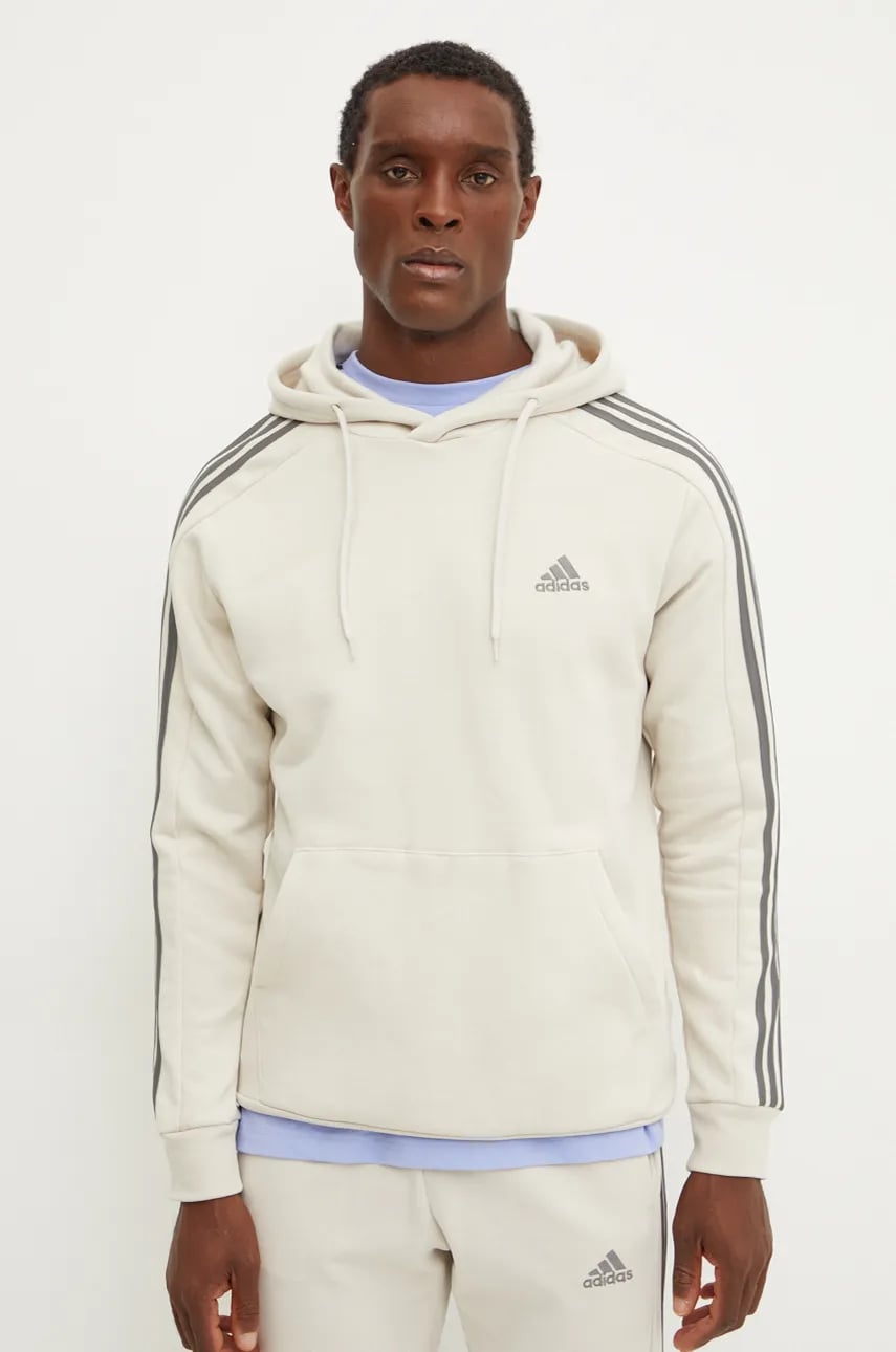 adidas bluza Essentials barbati, culoarea bej, cu glugă, cu imprimeu, IX0163 adidas bluza Essentials barbati, culoarea bej, cu glugă, cu imprimeu, IX0163
