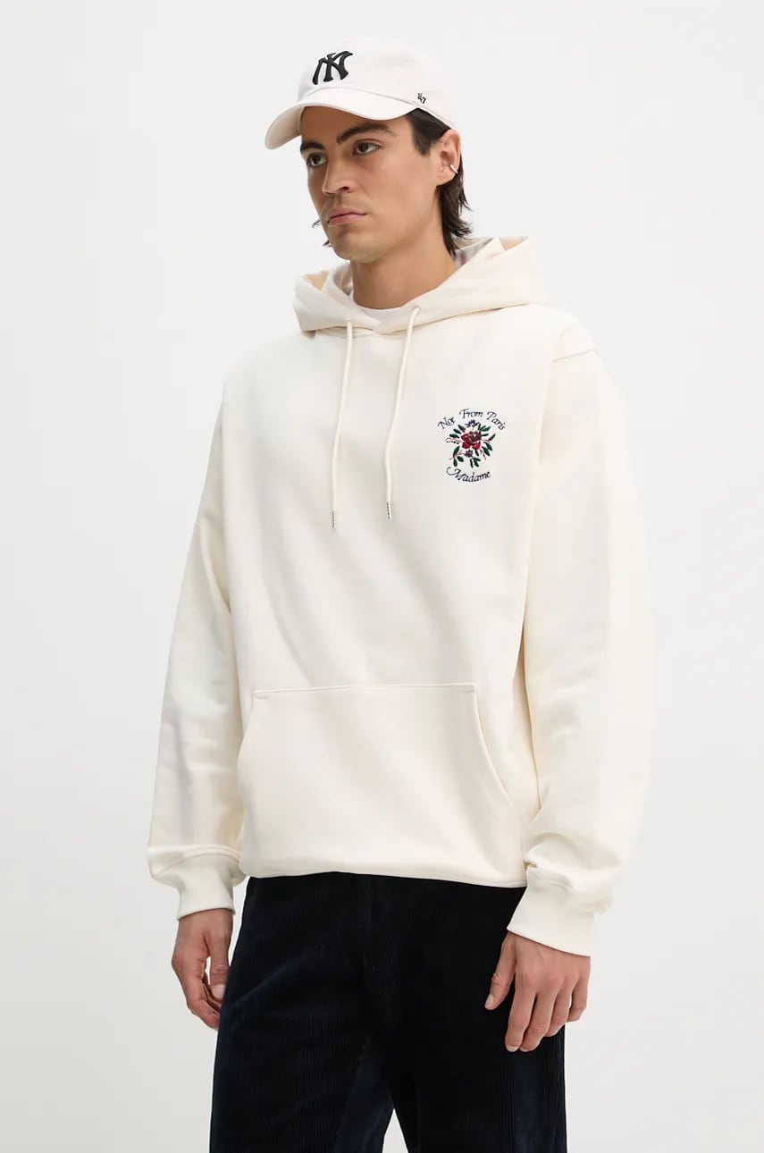 Levně Bavlněná mikina Drôle de Monsieur Le Hoodie Slogan Fleurs pánská, béžová barva, s kapucí, s aplikací, E.HO169.CO127.CM Le Hoodie Slogan Fleurs