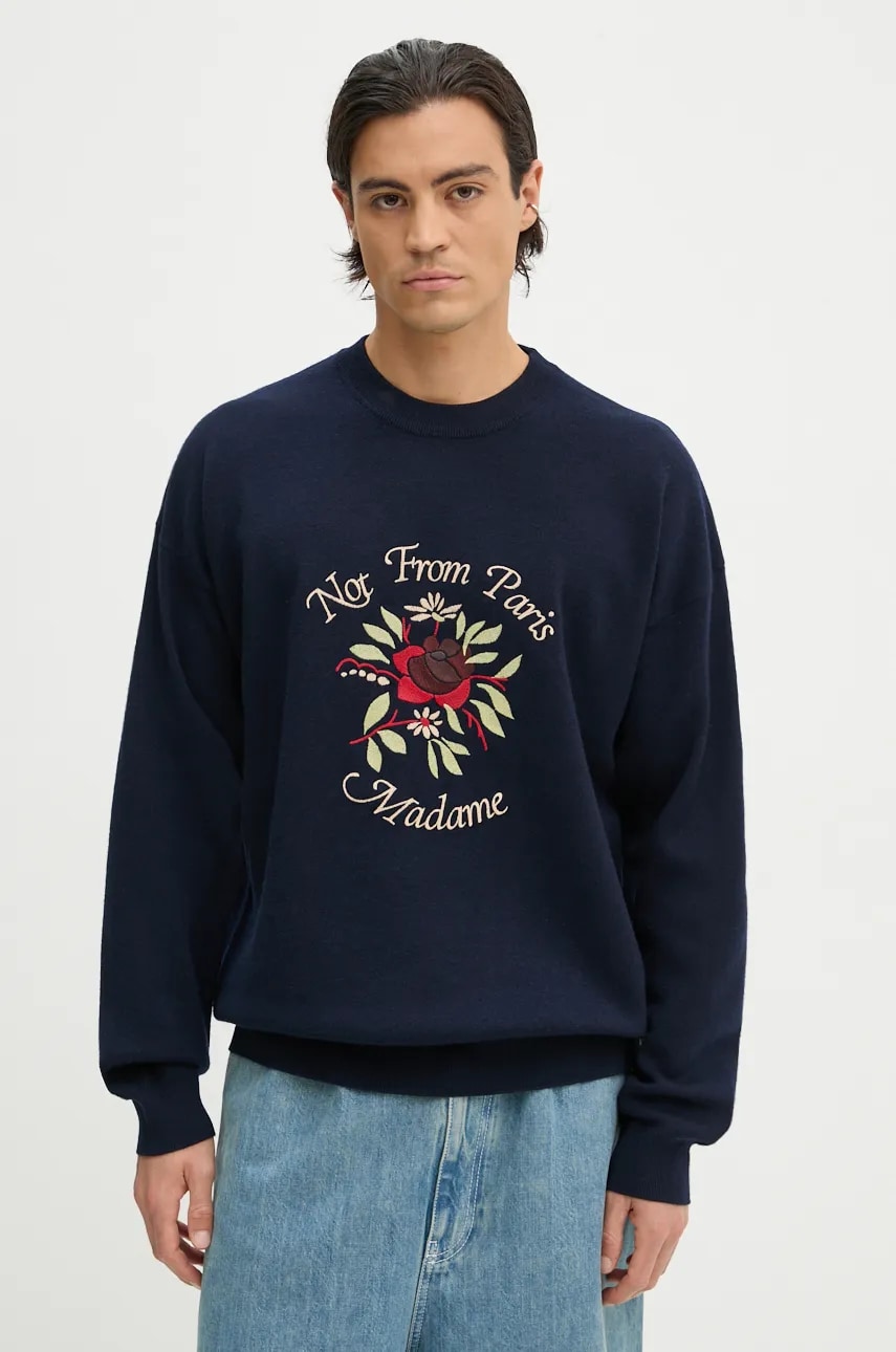 Drole de Monsieur pulover de lana Le Maille Slogan Fleurs culoarea albastru marin, E.PO162.WO007.NY Le Maille Slogan Fleurs